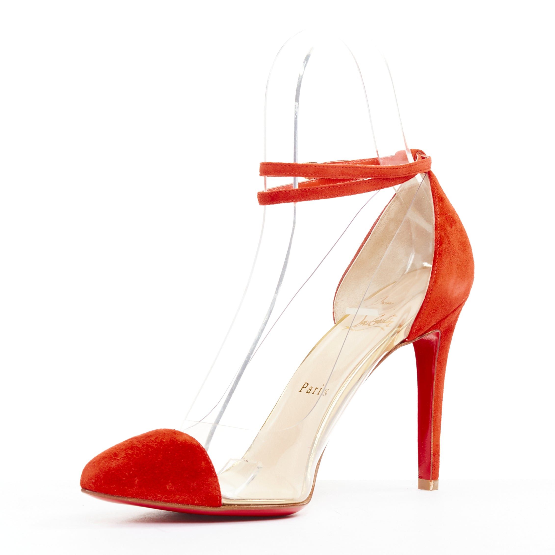 Christian Louboutin CHRISTIAN LOUBOUTIN Un Bout 100 Veau Velours mandarin red suede PVC strappy pumps EU37.5 Size US 7.5 / IT 37.5 - 4 Thumbnail