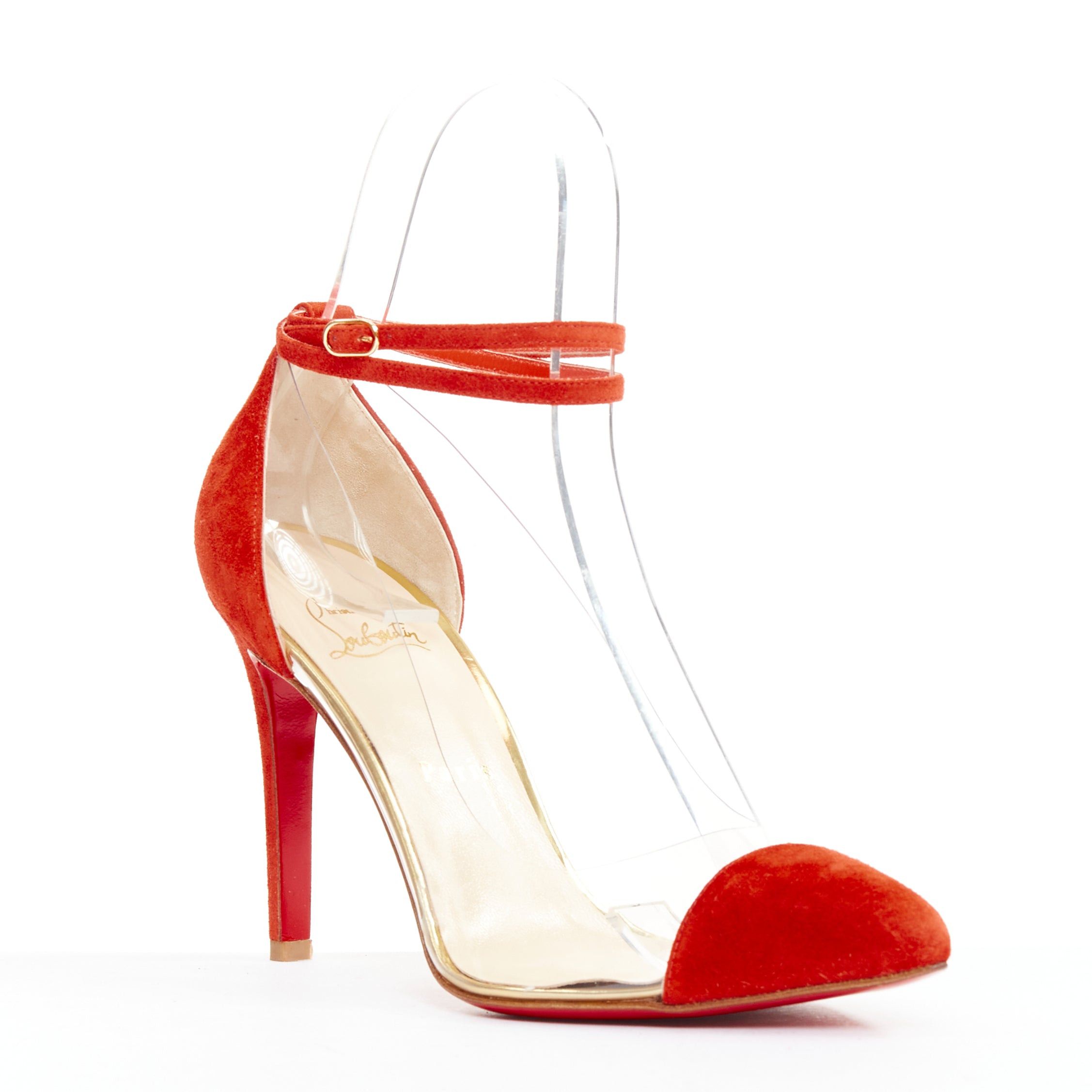 Christian Louboutin CHRISTIAN LOUBOUTIN Un Bout 100 Veau Velours mandarin red suede PVC strappy pumps EU37.5 Size US 7.5 / IT 37.5 - 2 Thumbnail