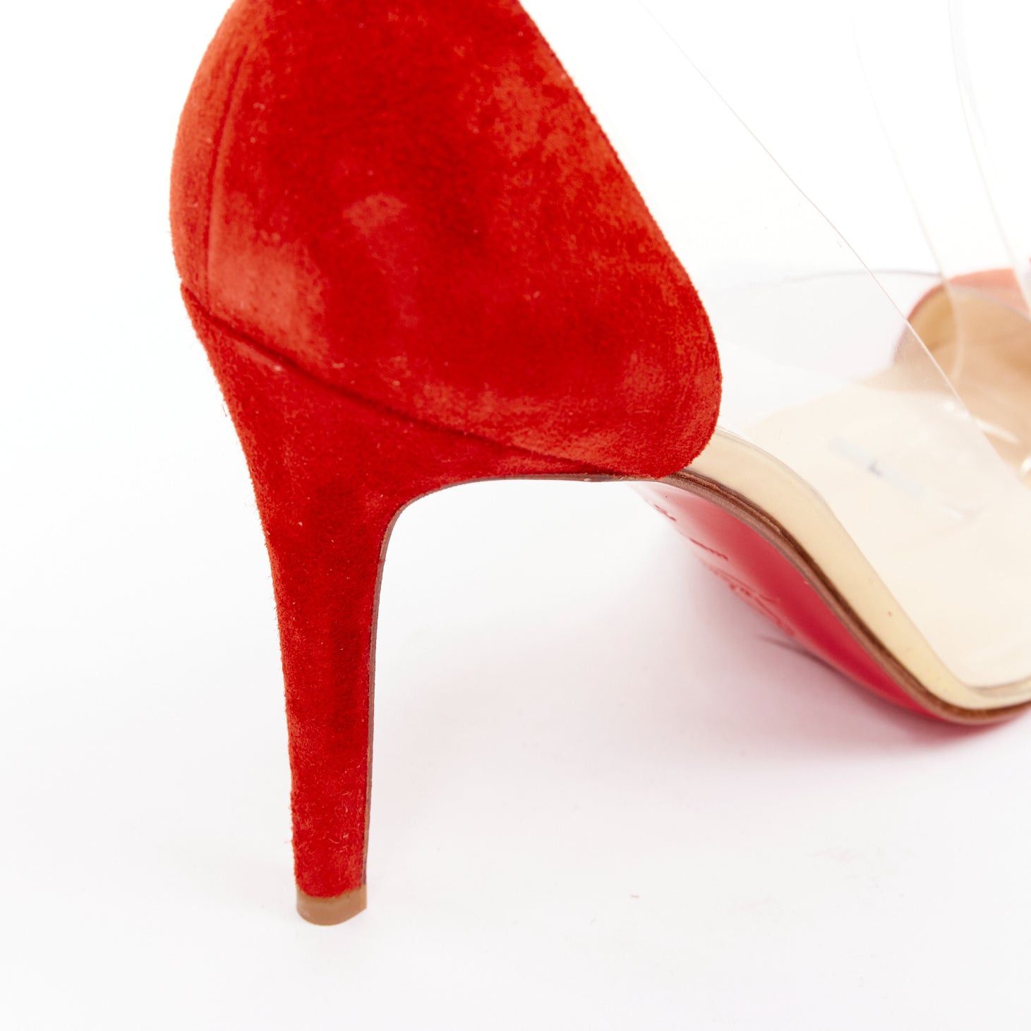 Christian Louboutin CHRISTIAN LOUBOUTIN Un Bout 100 Veau Velours mandarin red suede PVC strappy pumps EU37.5 Size US 7.5 / IT 37.5 - 8 Thumbnail