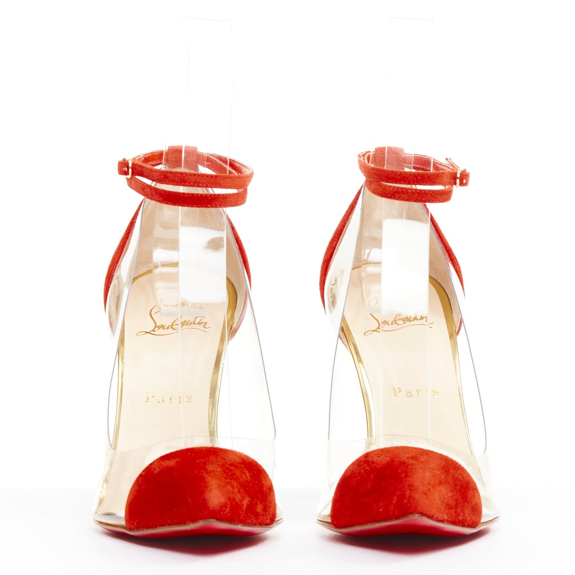 Christian Louboutin CHRISTIAN LOUBOUTIN Un Bout 100 Veau Velours mandarin red suede PVC strappy pumps EU37.5 Size US 7.5 / IT 37.5 - 3 Thumbnail
