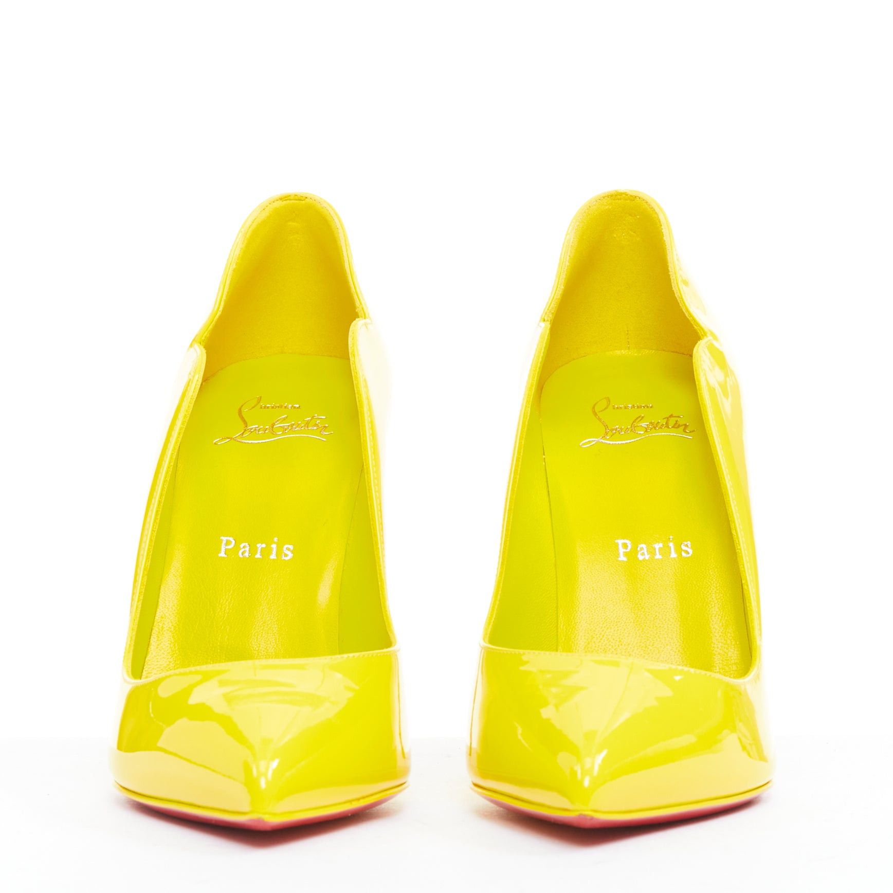 Christian Louboutin CHRISTIAN LOUBOUTIN Hot Chick 100 Patent citrus lemon scalloped point pump EU37.5 Size US 7.5 / IT 37.5 - 3 Thumbnail