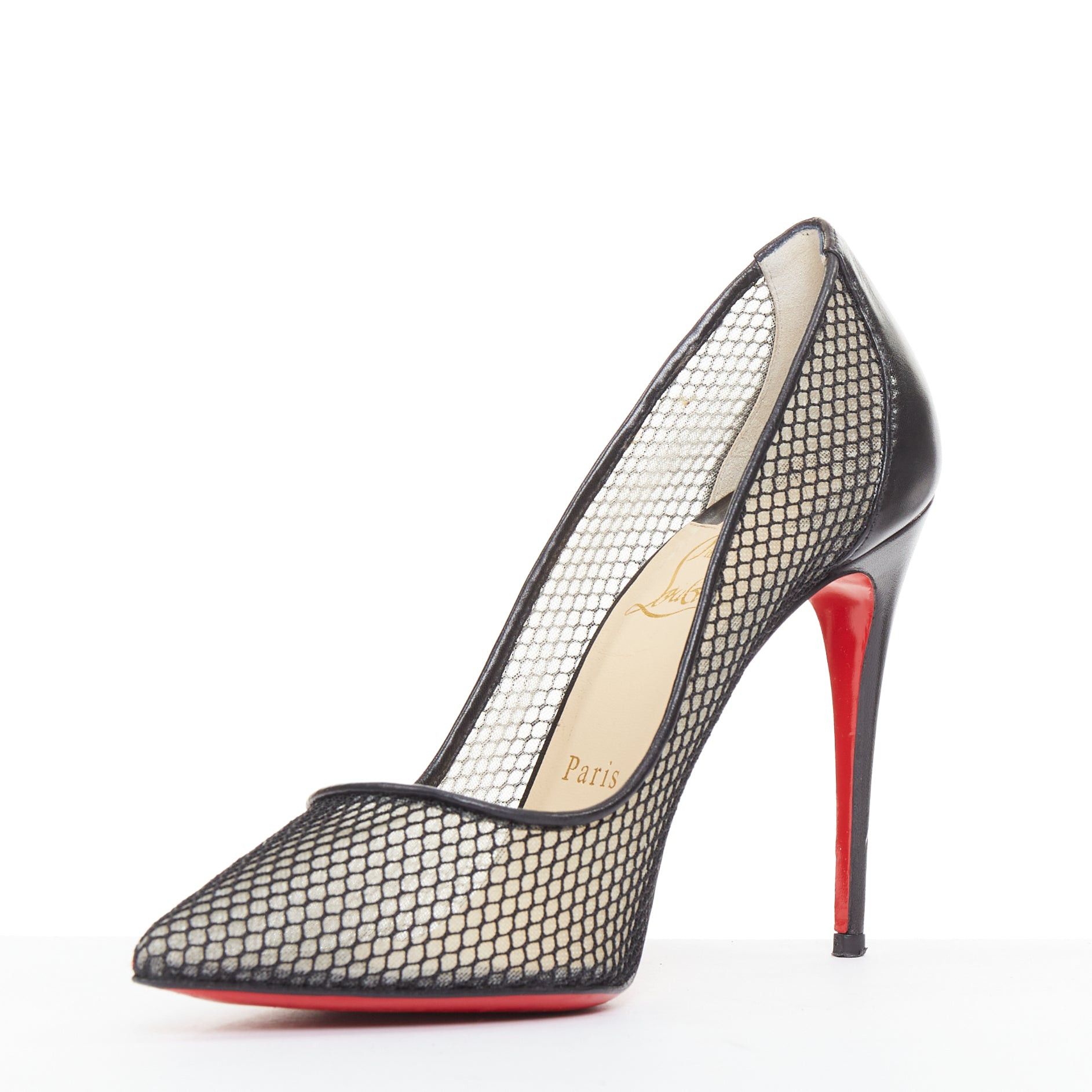 Christian Louboutin CHRISTIAN LOUBOUTIN Follies Resille 100 Fishnet Pailette black mesh pointy pumps EU37.5 Size US 7.5 / IT 37.5 - 4 Thumbnail