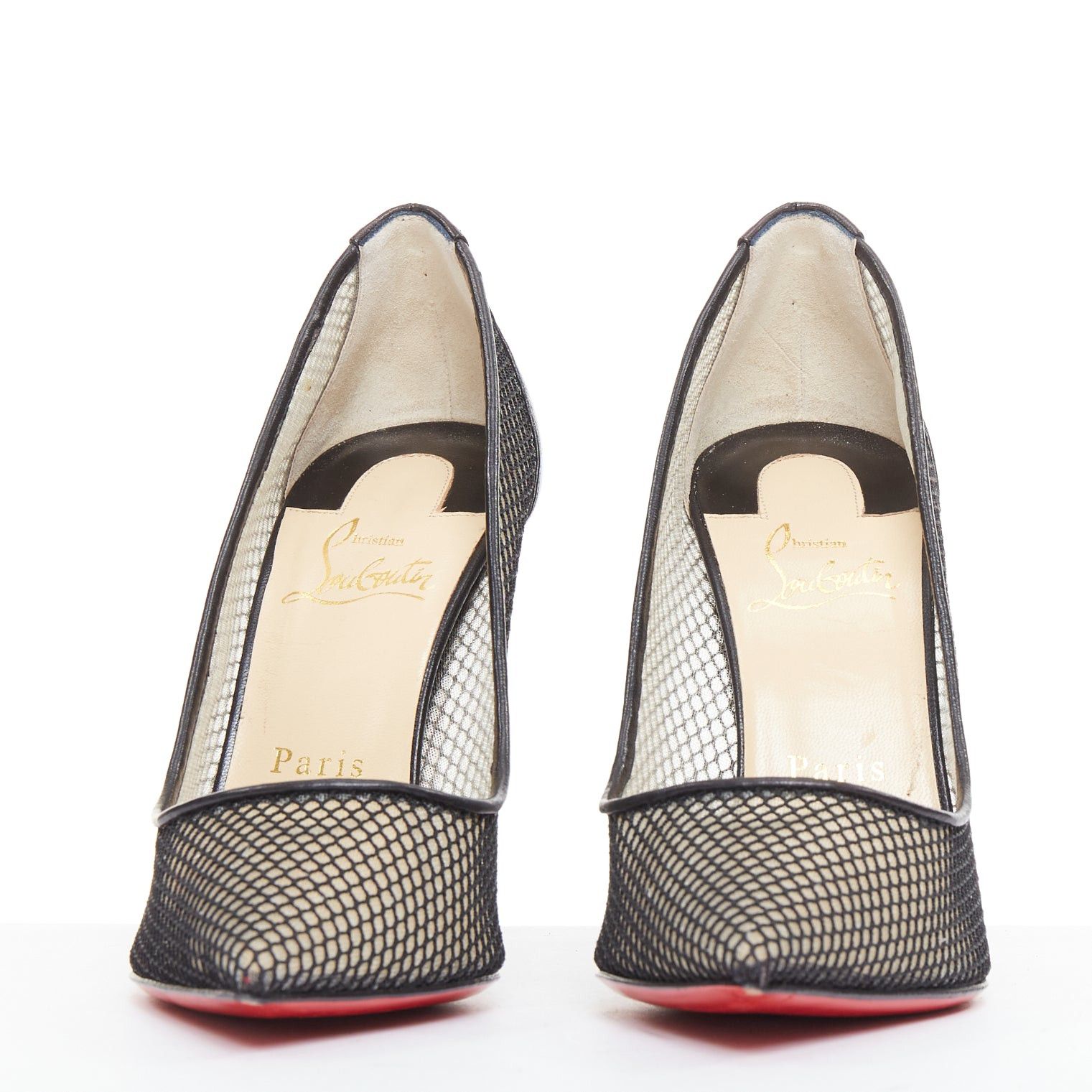Christian Louboutin CHRISTIAN LOUBOUTIN Follies Resille 100 Fishnet Pailette black mesh pointy pumps EU37.5 Size US 7.5 / IT 37.5 - 3 Thumbnail
