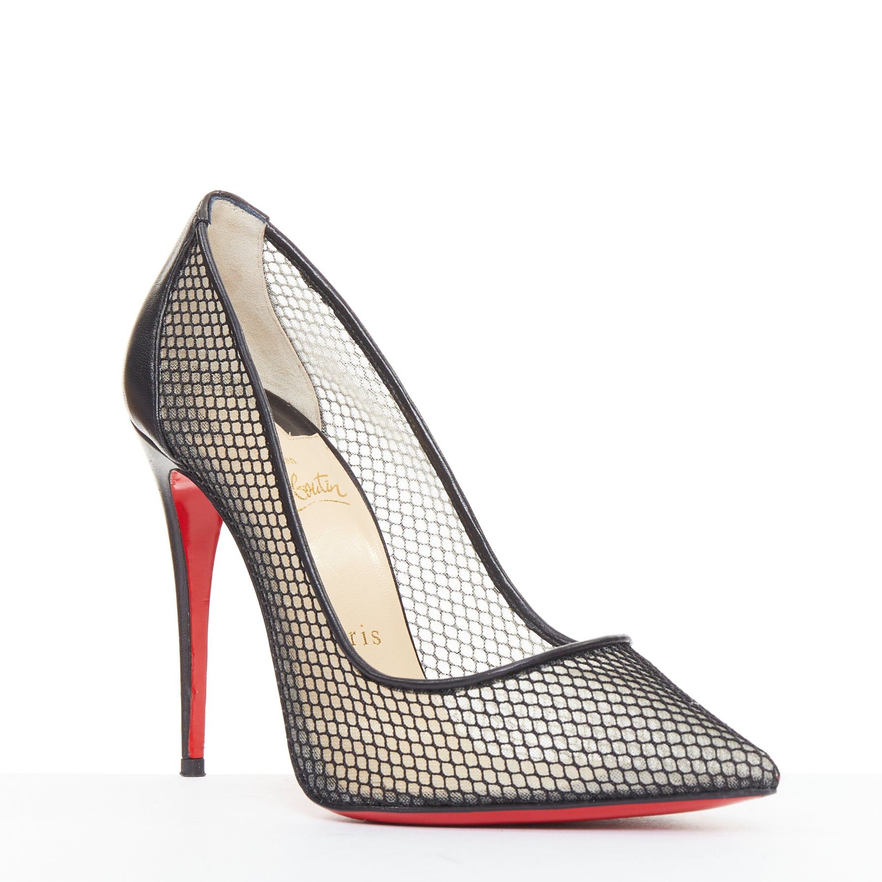 Christian Louboutin CHRISTIAN LOUBOUTIN Follies Resille 100 Fishnet Pailette black mesh pointy pumps EU37.5 Size US 7.5 / IT 37.5 - 2 Thumbnail