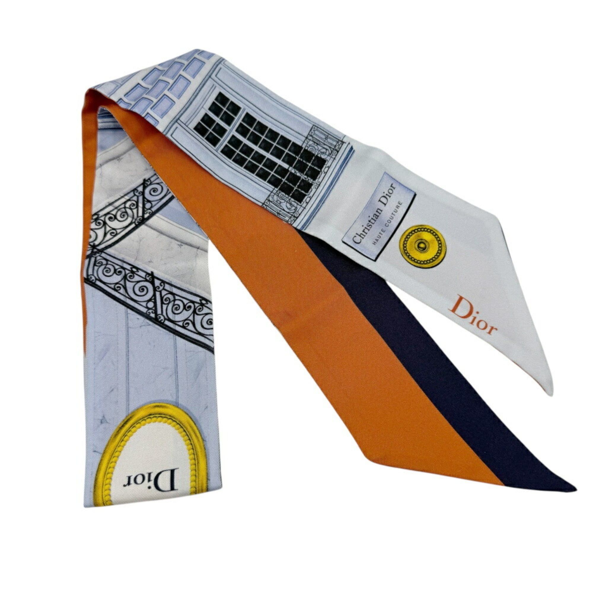 Dior Christian Dior Mitzah Scarf/Muffler, Blue and Orange Ribbon Scarf, Women's Size ONE SIZE - 3 Thumbnail