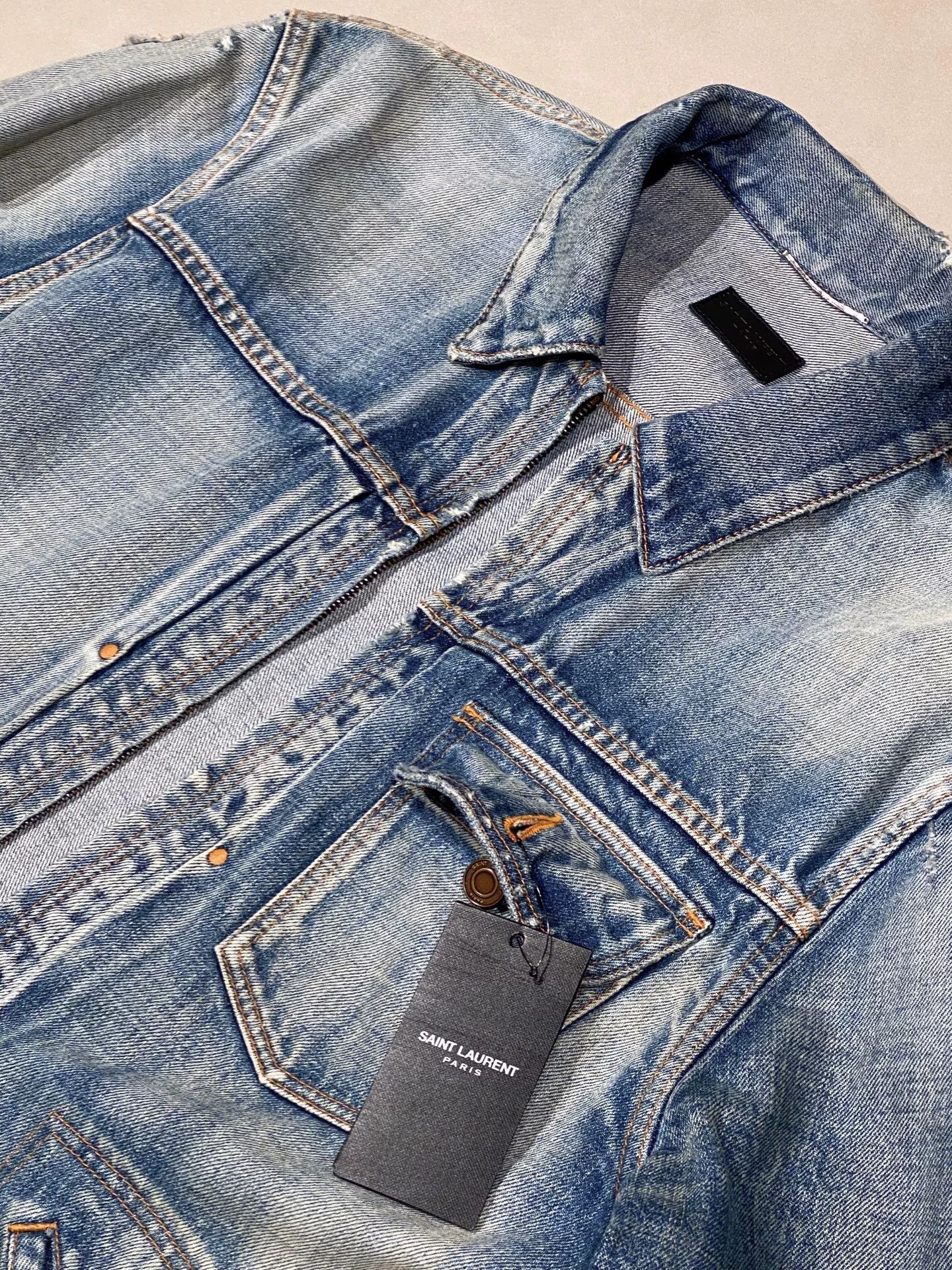 Saint Laurent Paris Saint Laurent Distressed Light Blue Denim Jacket Size US L / EU 52-54 / 3 - 3 Thumbnail