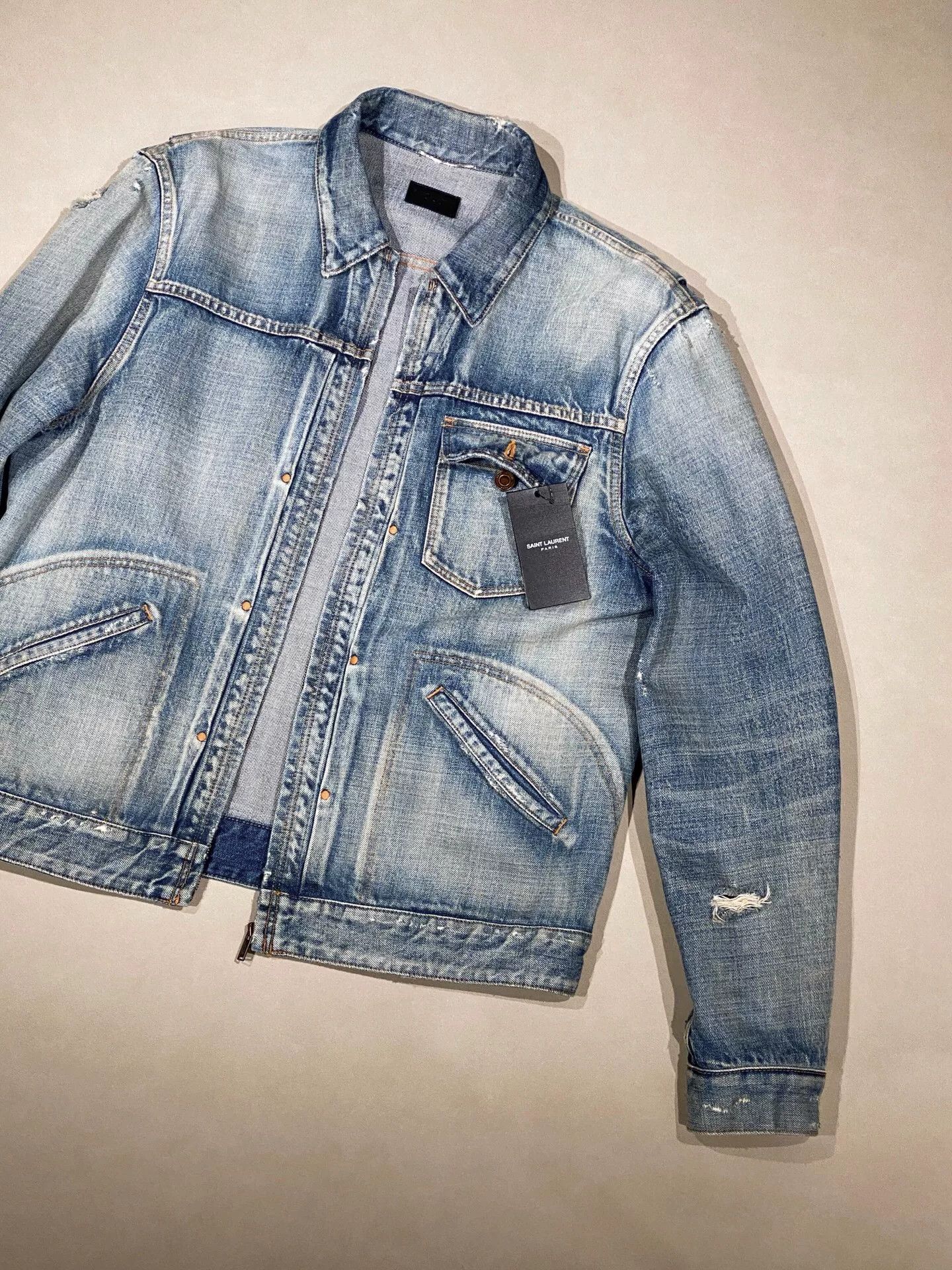 Saint Laurent Paris Saint Laurent Distressed Light Blue Denim Jacket Size US L / EU 52-54 / 3 - 2 Thumbnail