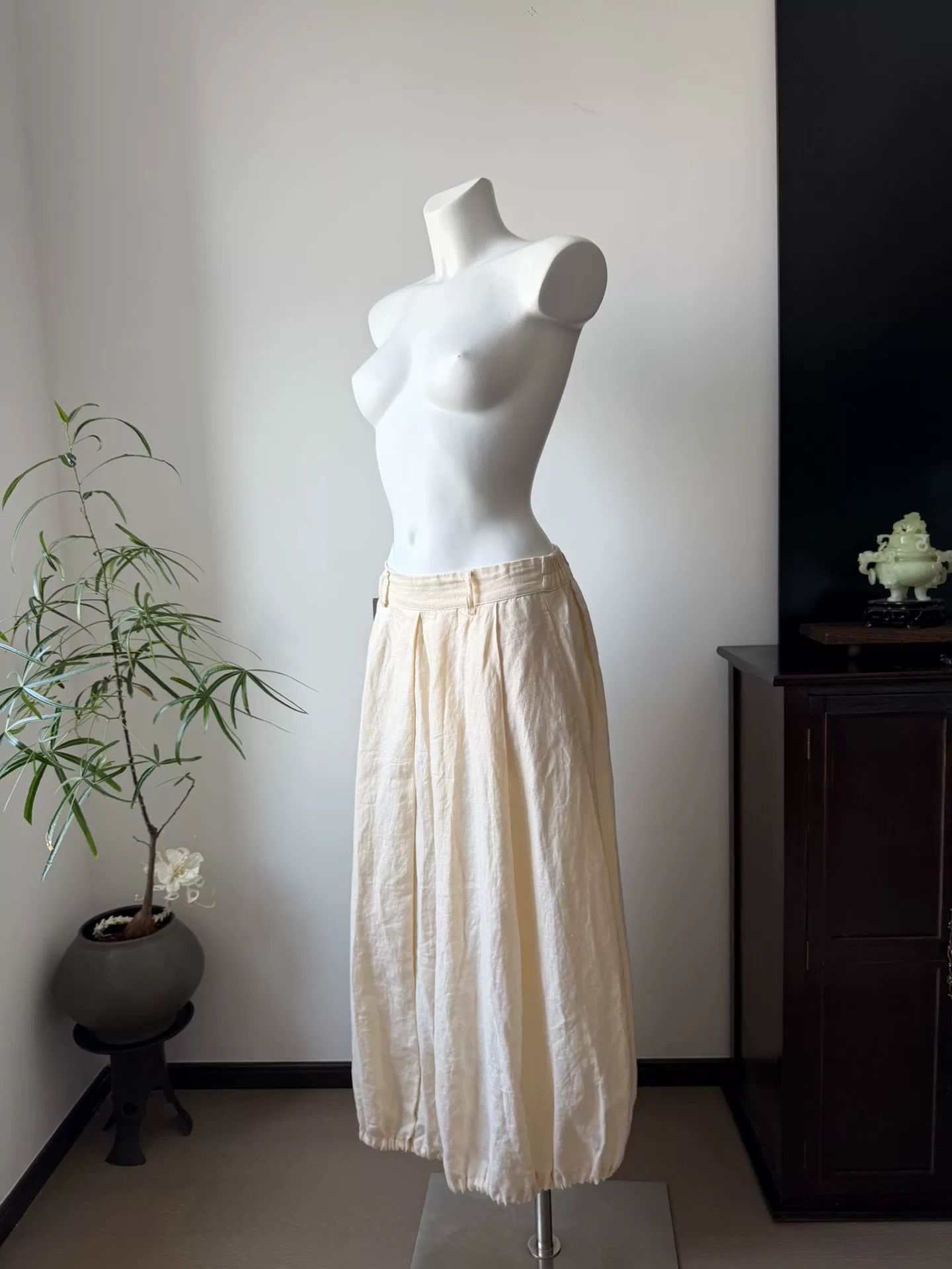Morgan De Toi Beige Cotton-Linen Lantern Skirt Dress Size 35" - 3 Thumbnail