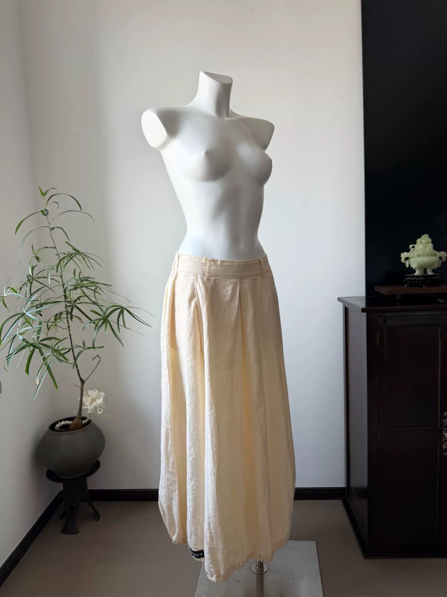 Morgan De Toi Beige Cotton-Linen Lantern Skirt Dress Size 35" - 2 Thumbnail