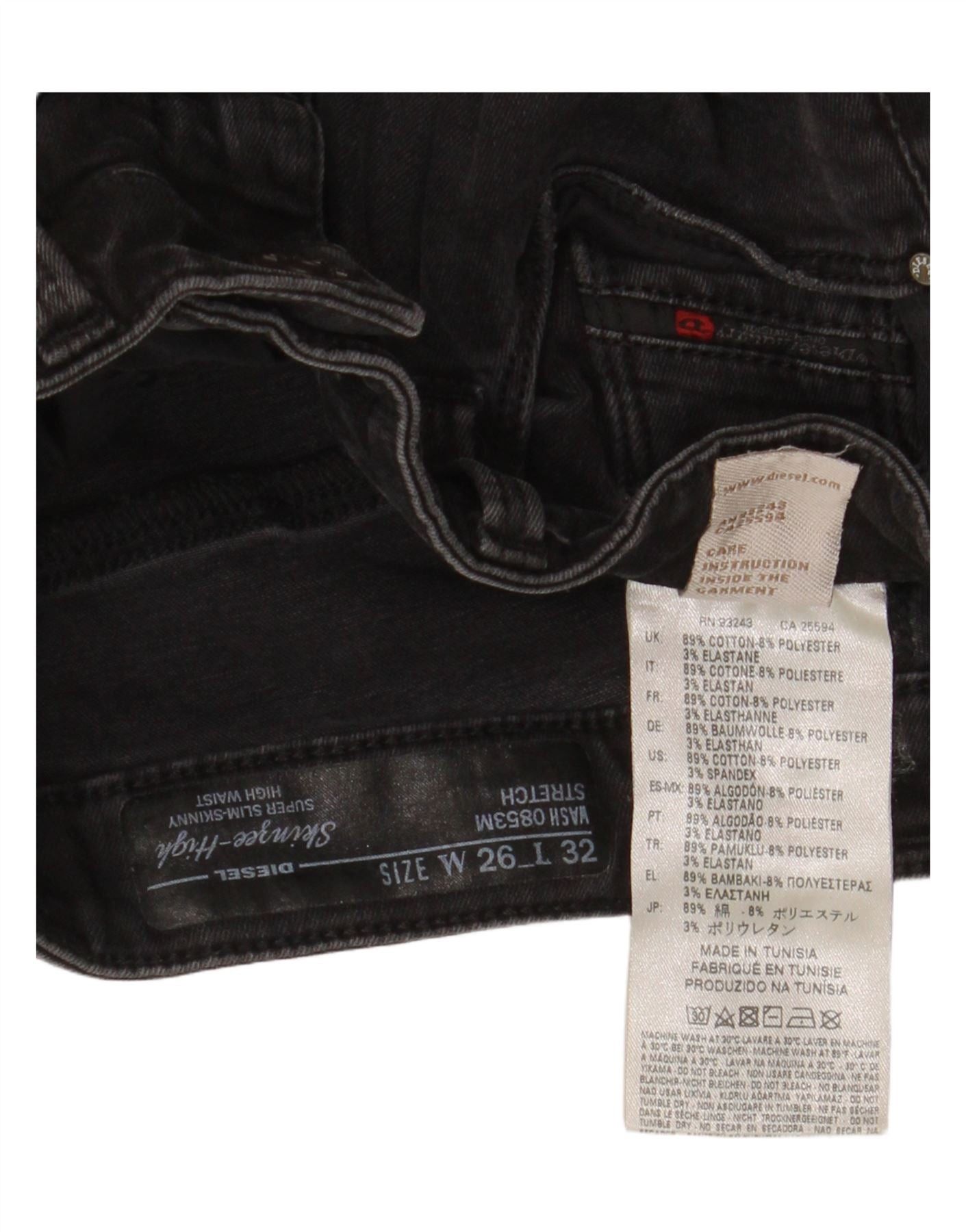 Diesel Womens Skinzee-high Super Slim Skinny Jeans W26 L32 Black De Size 42" / US 20 - 3 Thumbnail