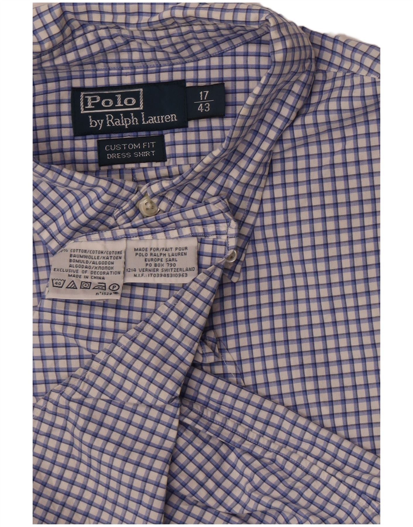 Polo Ralph Lauren Mens Custom Fit Shirt 17 1/2 43 XL Blue Check Cotton Size US XL / EU 56 / 4 - 5 Thumbnail