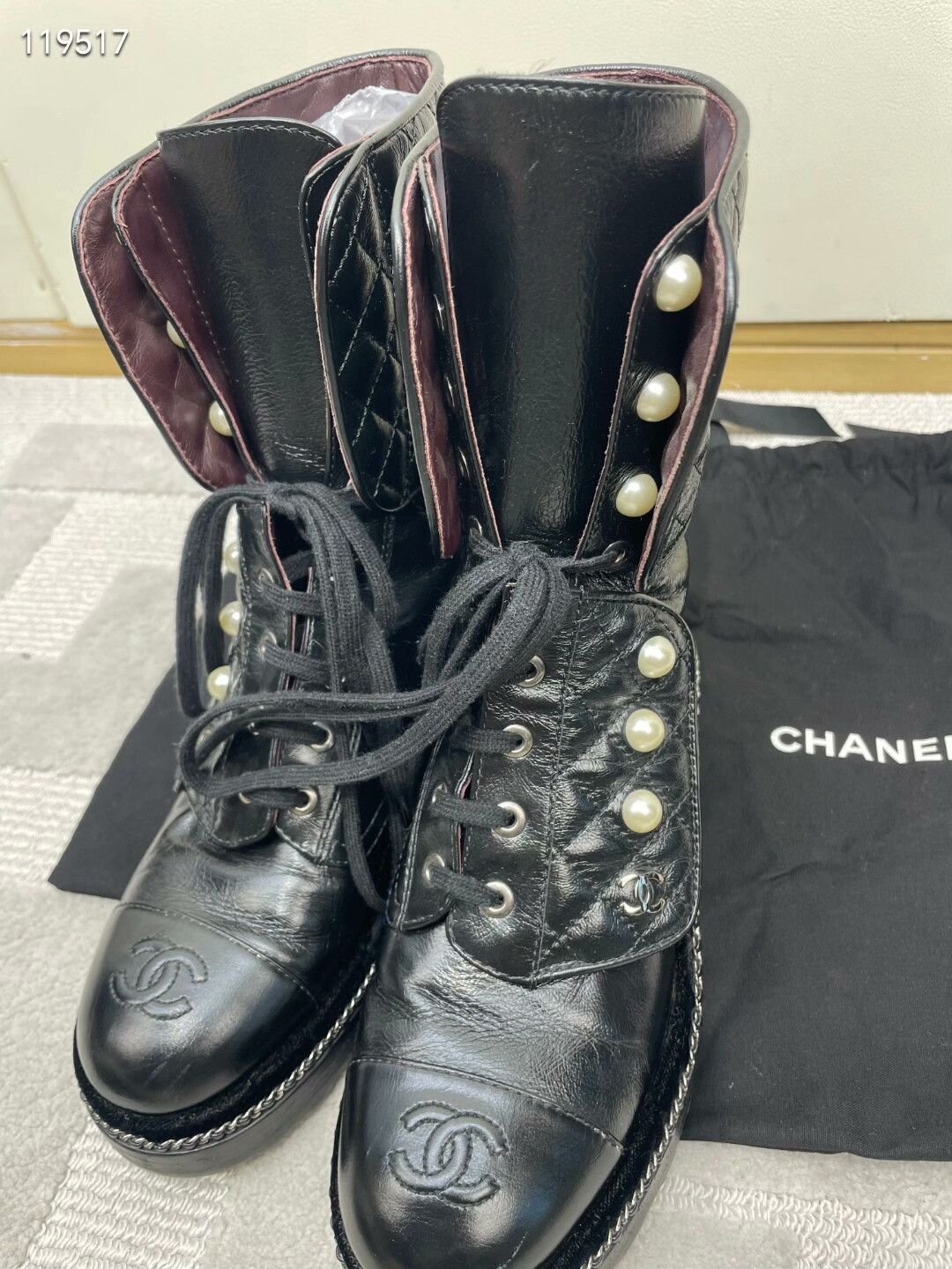 Chanel Chanel Black Quilted Pearl Chain Martin Boots Size US 5.5 / IT 35.5 - 3 Thumbnail