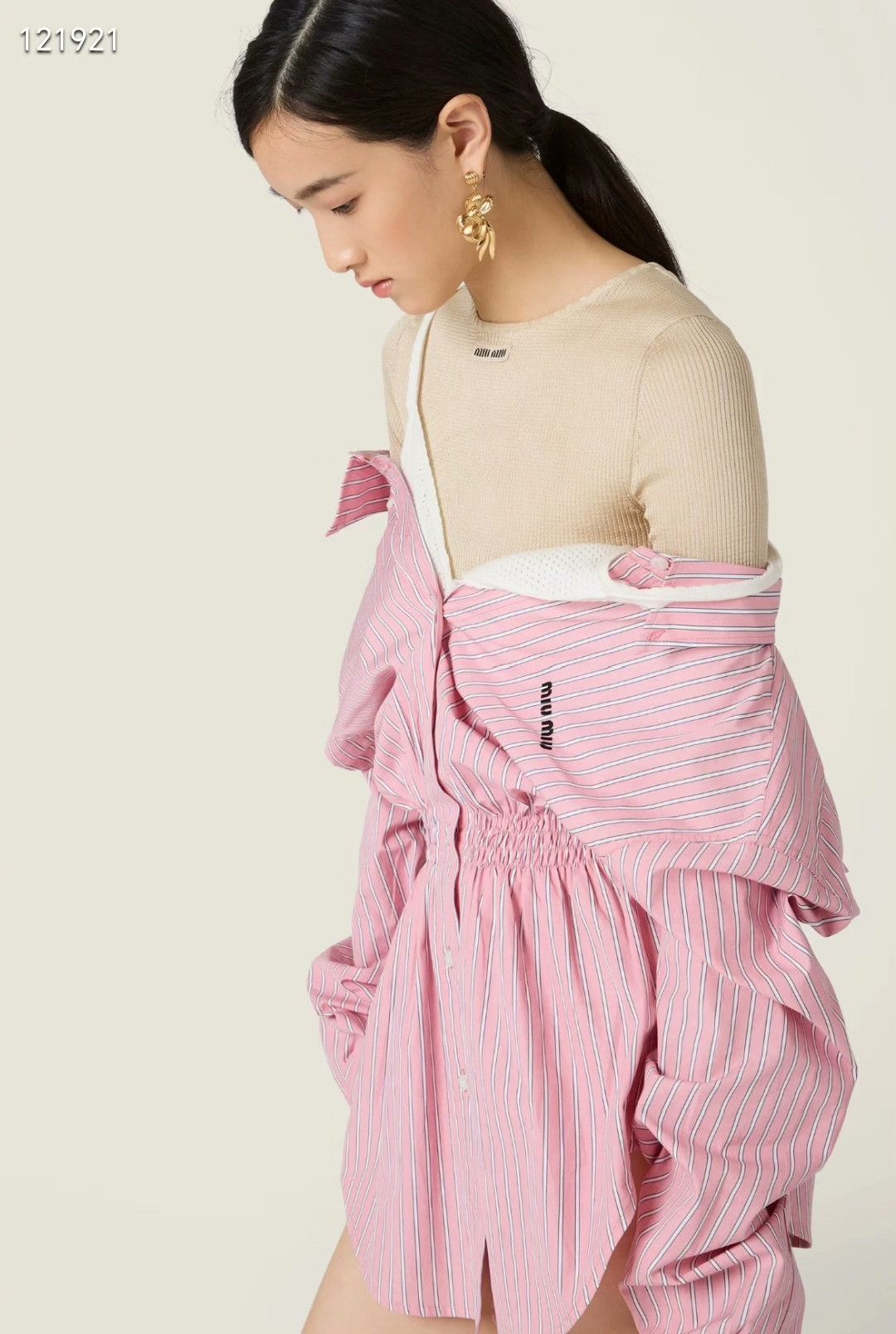 Miu Miu MiuMiu Off-the-Shoulder Striped Shirt Dress Size XS / US 0-2 / IT 36-38 - 7 Thumbnail