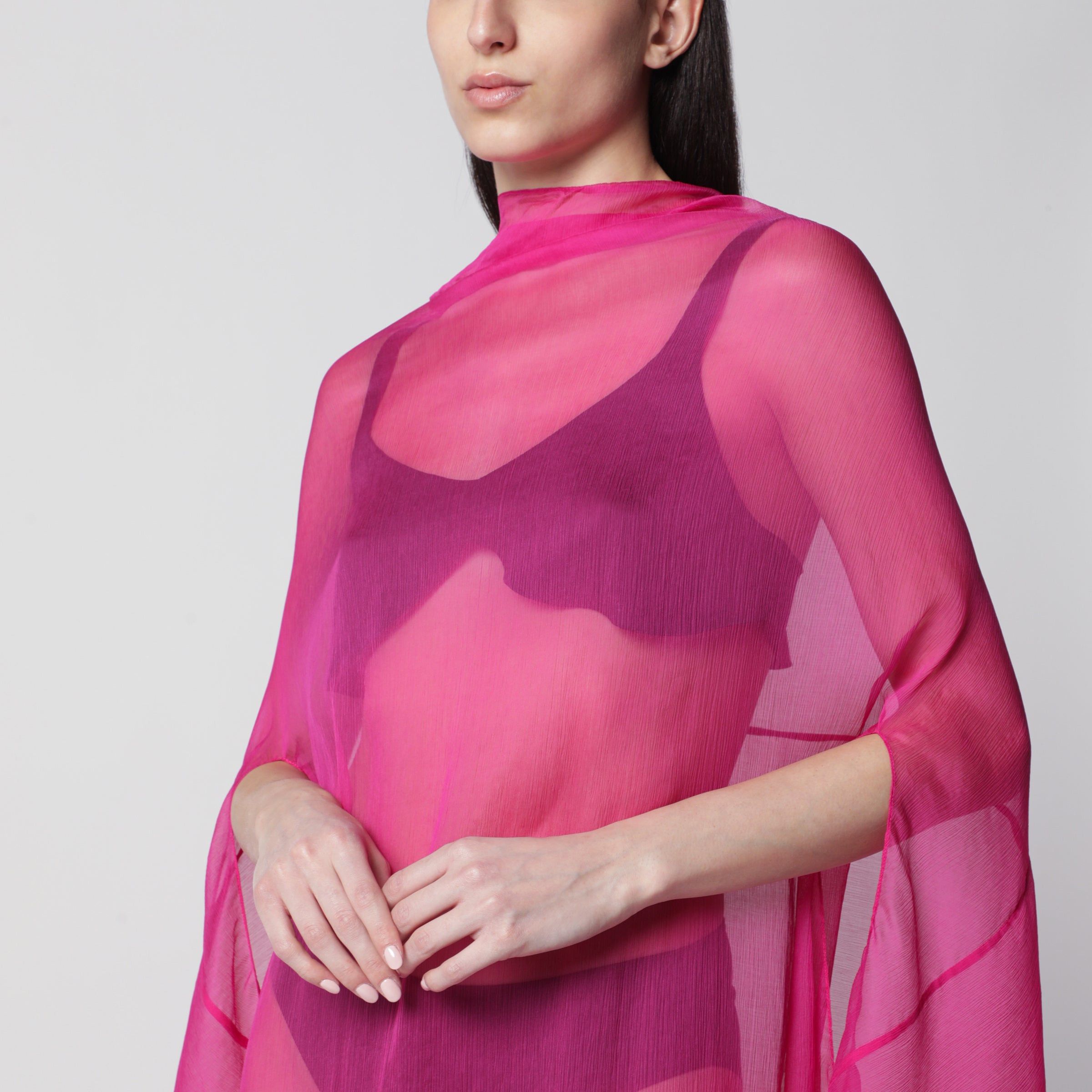 Dries Van Noten Dries Van Noten Wide Cape Dress Fuchsia In Sheer Silk Size S / US 4 / IT 40 - 2 Thumbnail