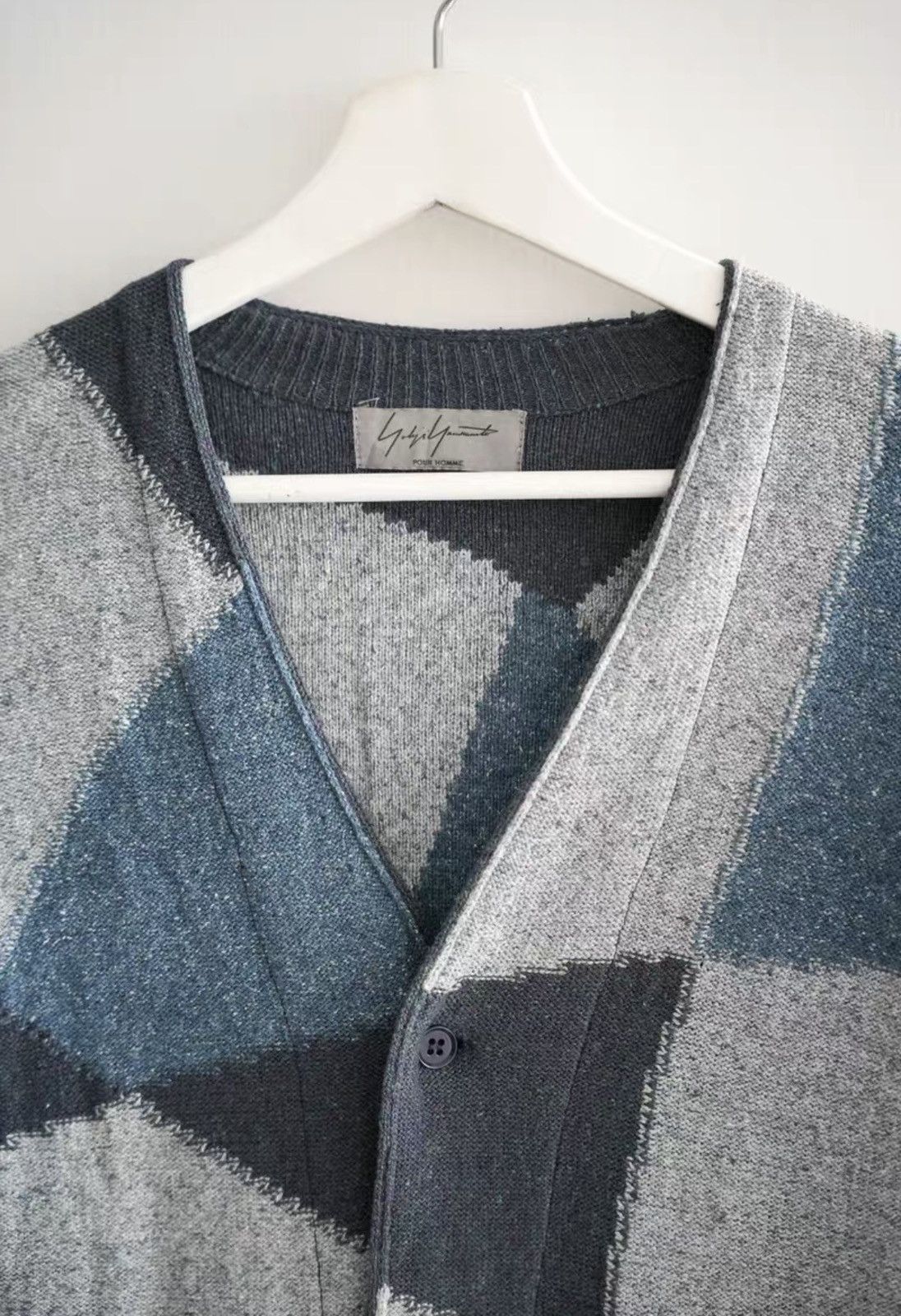 Yohji Yamamoto Blue Geometric Pattern V-Neck Cardigan Size US L / EU 52-54 / 3 - 3 Thumbnail