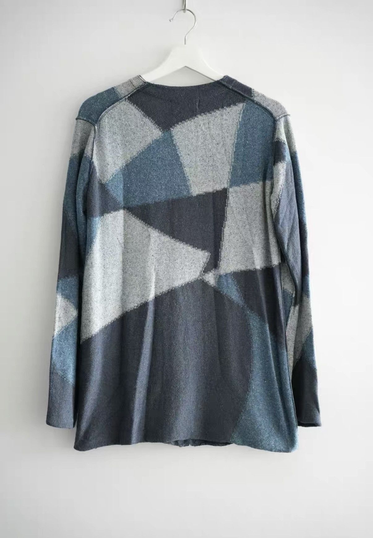 Yohji Yamamoto Blue Geometric Pattern V-Neck Cardigan Size US L / EU 52-54 / 3 - 2 Thumbnail