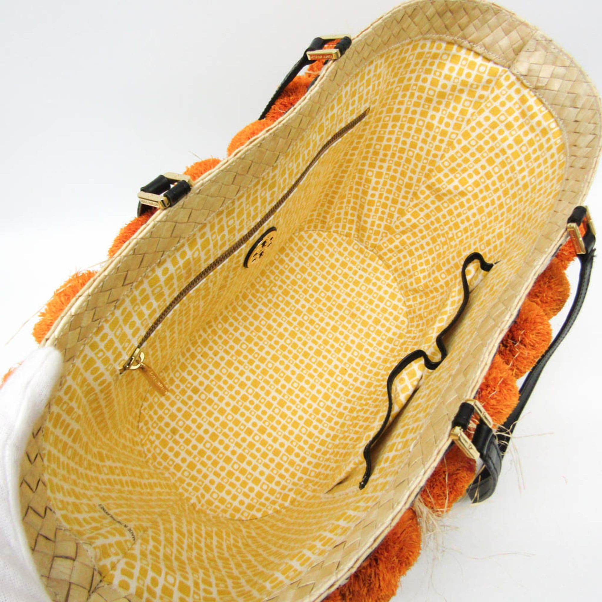 Tory Burch Tory Burch Pom Pom Beach Basket Bag Women's Straw,Rattan Basket,Tote Bag Light Beige,Orange Size ONE SIZE - 3 Thumbnail