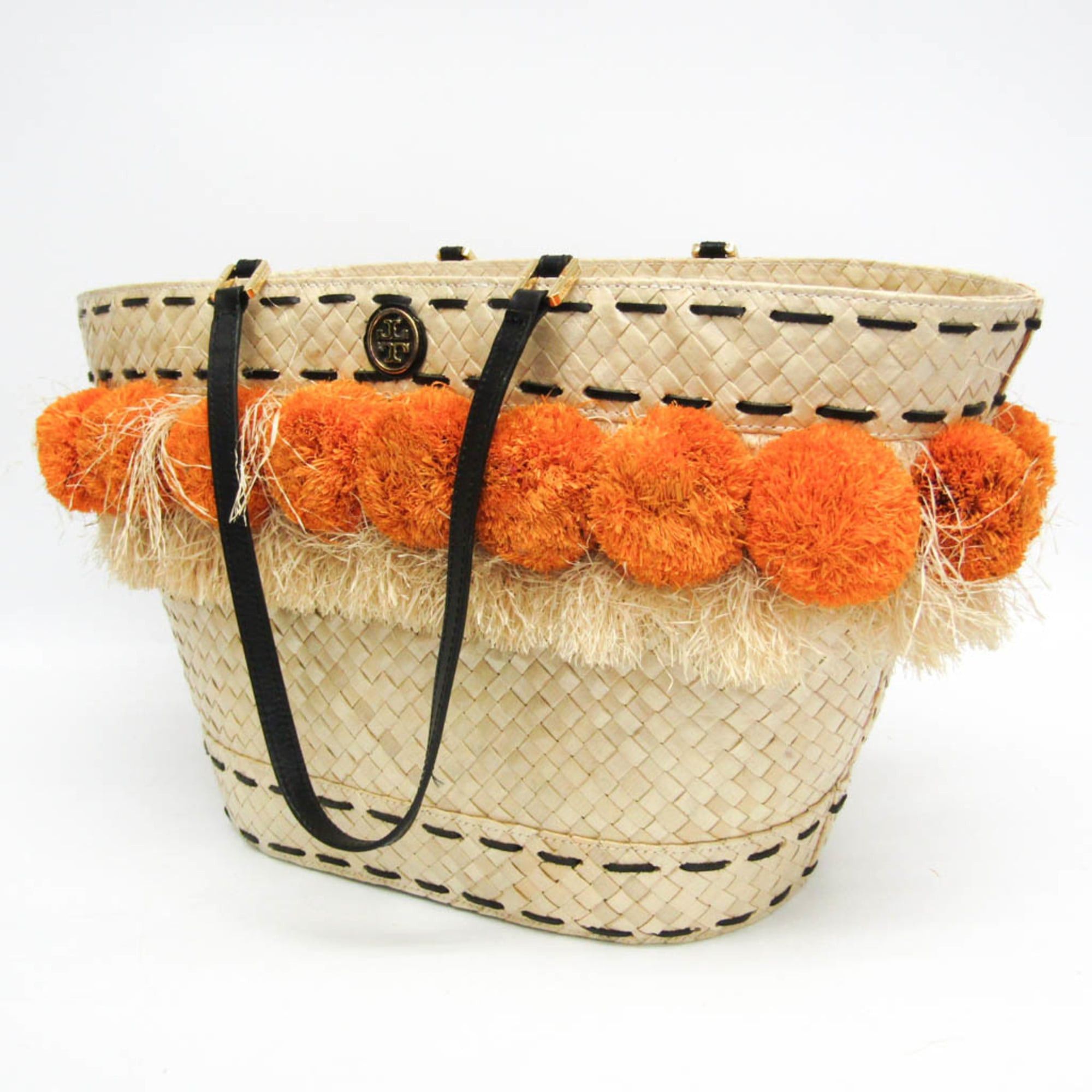 Tory Burch Tory Burch Pom Pom Beach Basket Bag Women's Straw,Rattan Basket,Tote Bag Light Beige,Orange Size ONE SIZE - 14 Thumbnail