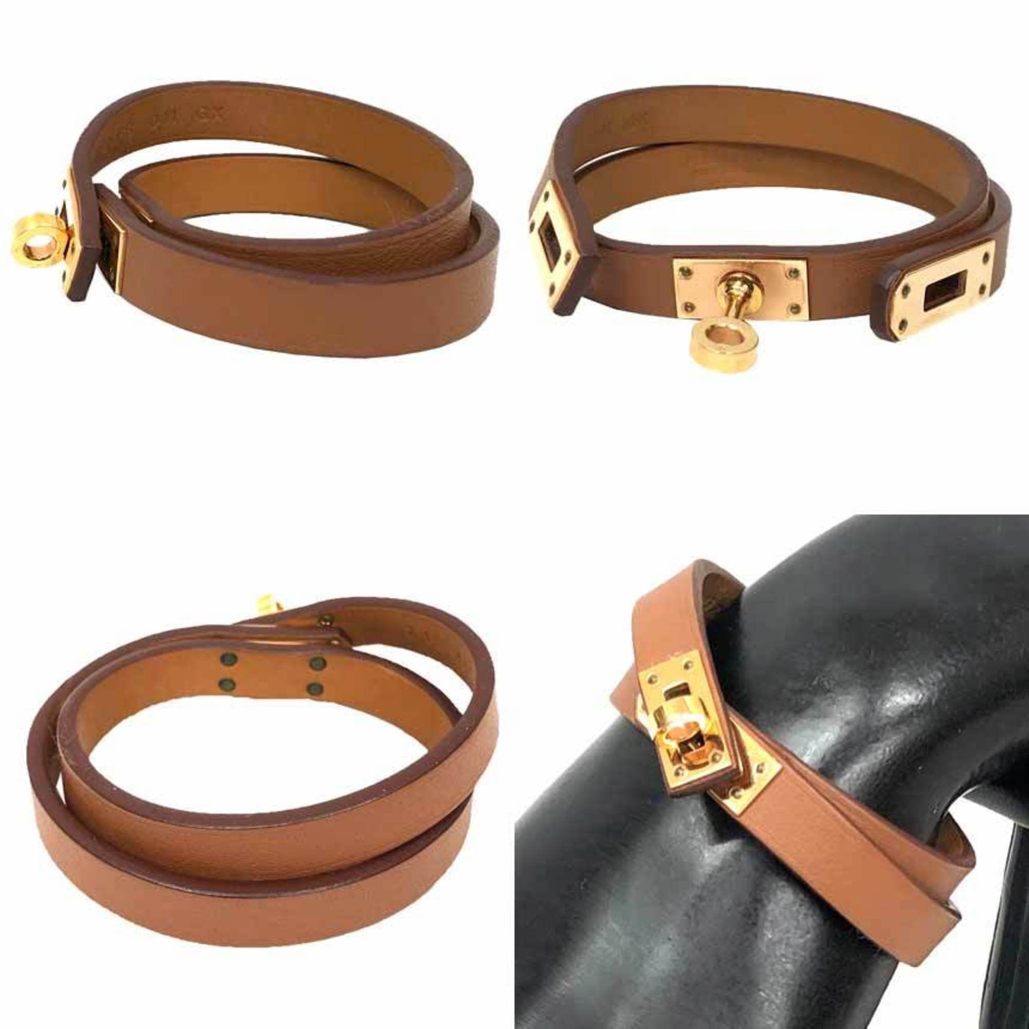 Hermes Hermes leather bracelet, Mini Kelly Double Tour, T2 size, Veau Swift leather, camel x pink gold, Z stamp, double strand bracelet Size ONE SIZE - 2 Thumbnail
