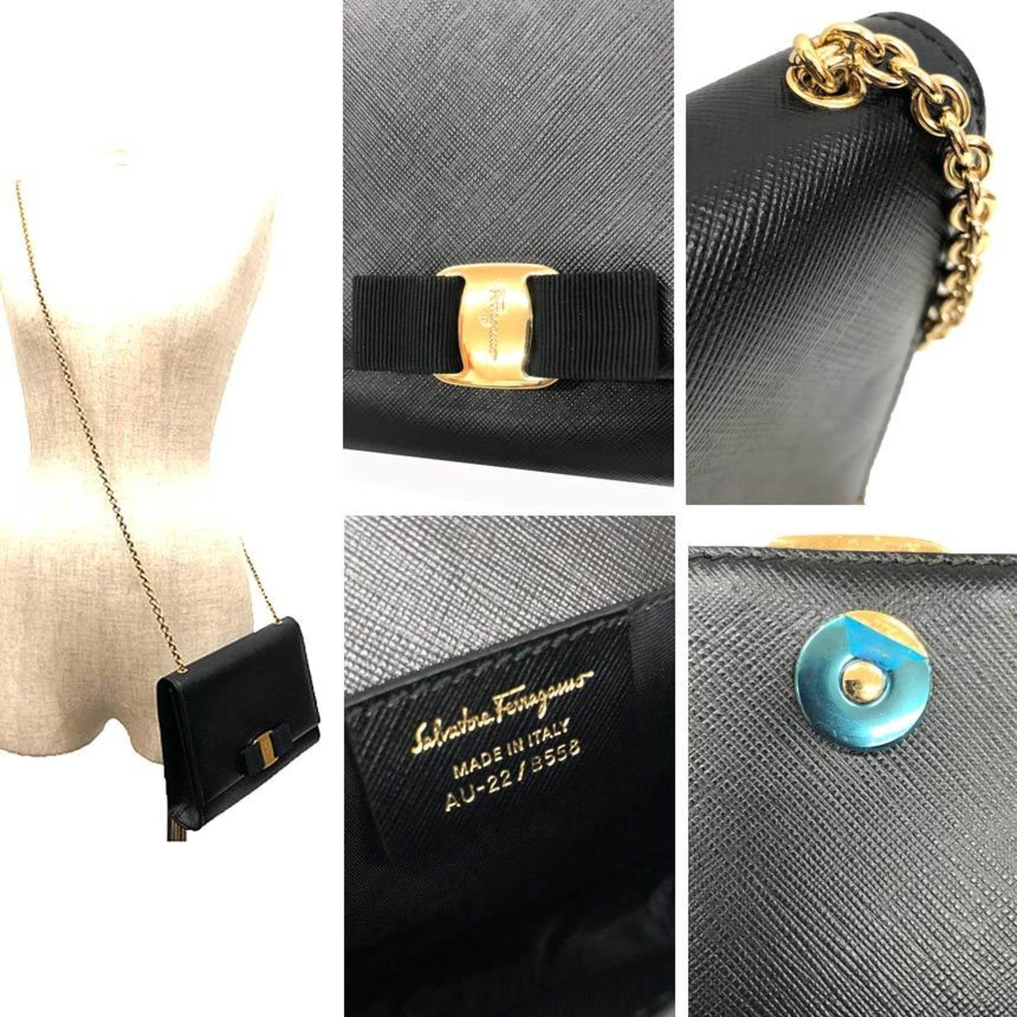 Salvatore Ferragamo Salvatore Ferragamo Vara Ribbon Chain Shoulder Bag/Pochette, Saffiano Leather, Black, Bag, Women's Size ONE SIZE - 3 Thumbnail
