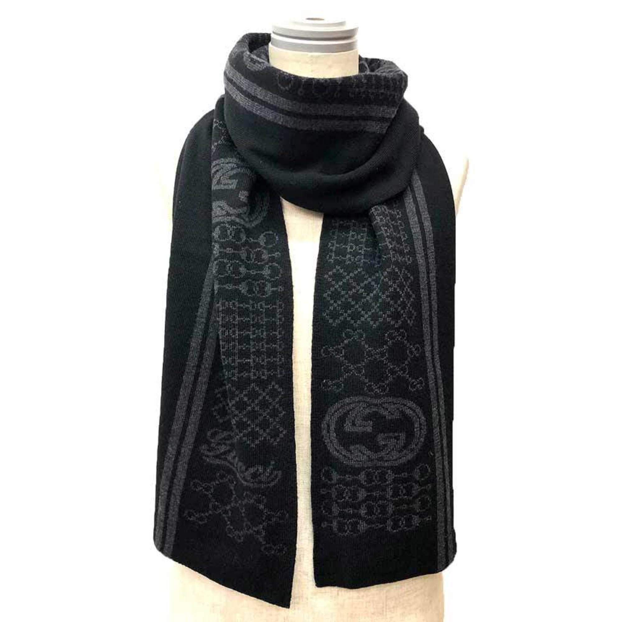 Gucci GUCCI wool scarf in black and gray with GG bit pattern interlocking G logo. Size ONE SIZE - 2 Thumbnail