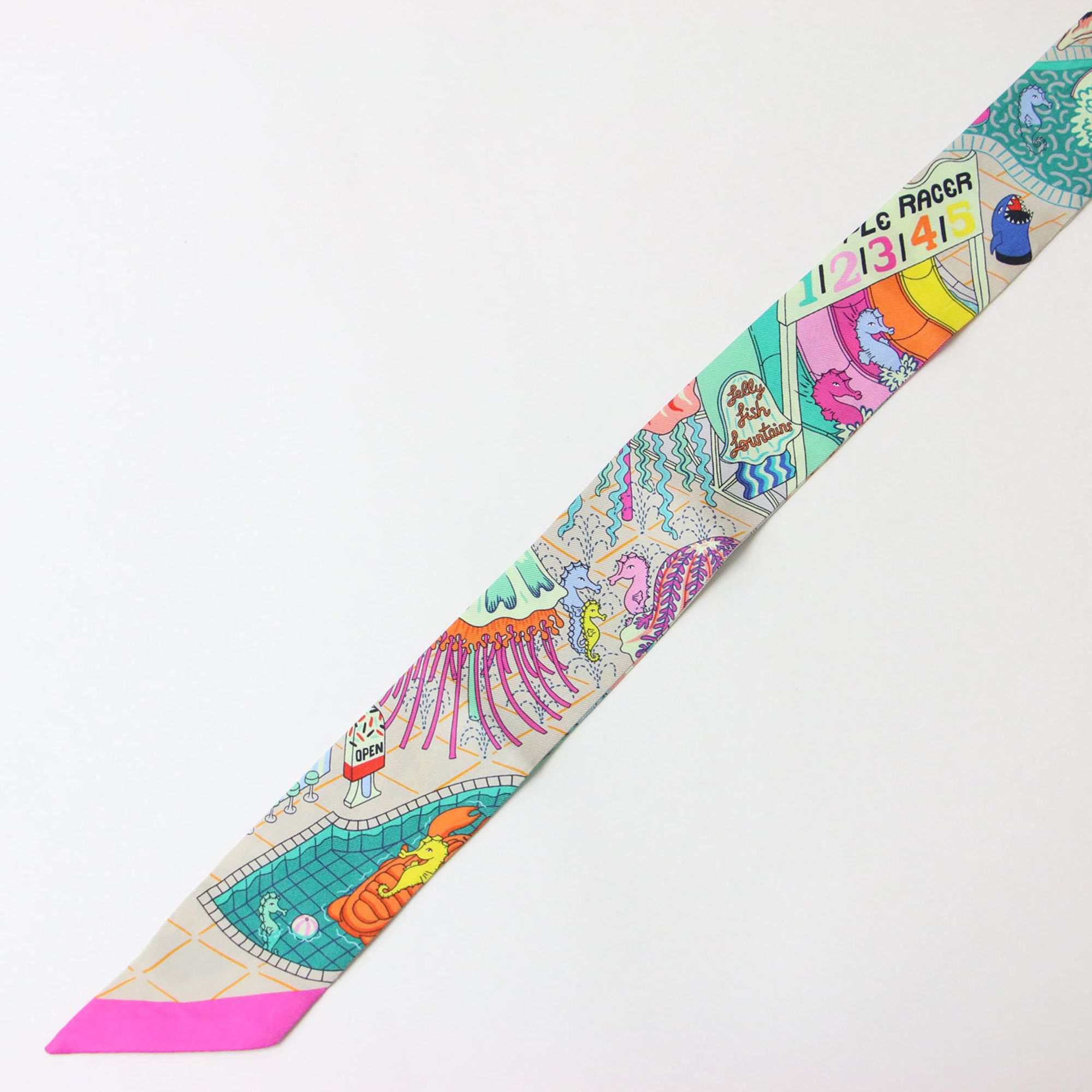 Hermes HERMES Twilly Silk Scarf/Muffler, Splash Park Design, Ribbon Print, Pink, Women's, K4754 Size ONE SIZE - 3 Thumbnail