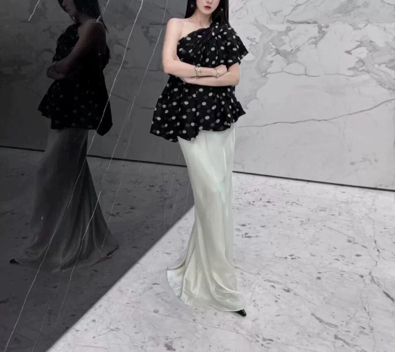 Saint Laurent Paris Saint Laurent Polka Dot Off-Shoulder Silk Top Size M / US 6-8 / IT 42-44 - 2 Thumbnail