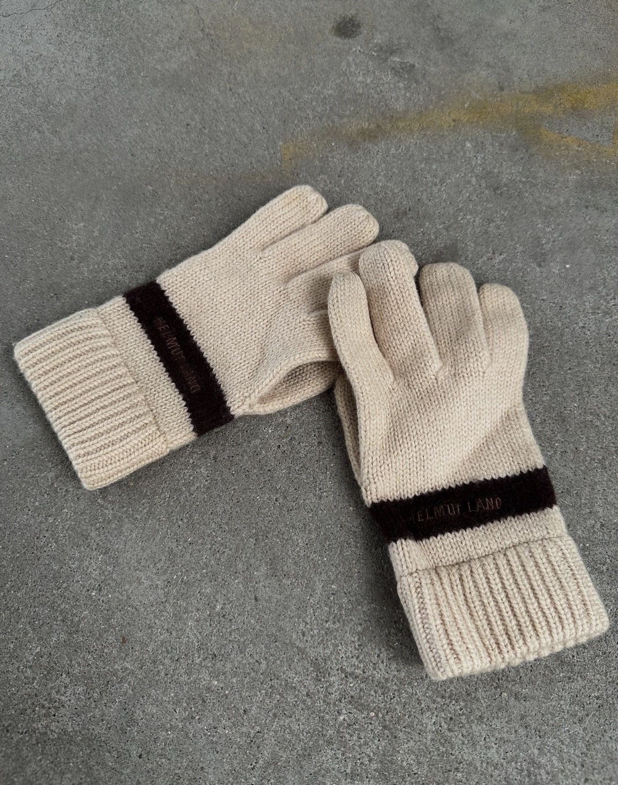 Helmut Lang White Knit Gloves with Brown Stripe Size ONE SIZE - 2 Thumbnail