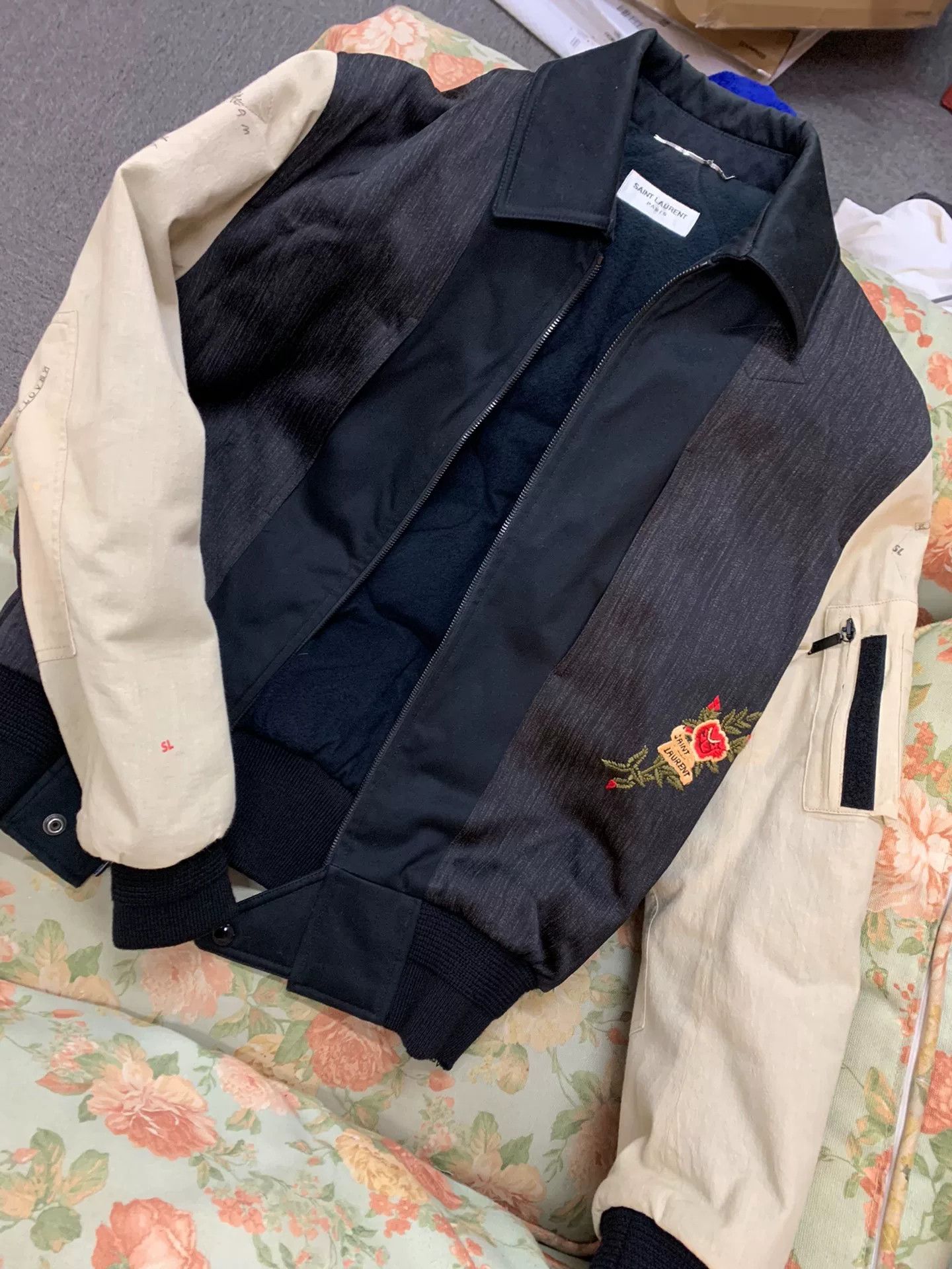 Saint Laurent Paris Saint Laurent Black Beige Rose Embroidery Jacket Size US M / EU 48-50 / 2 - 6 Thumbnail