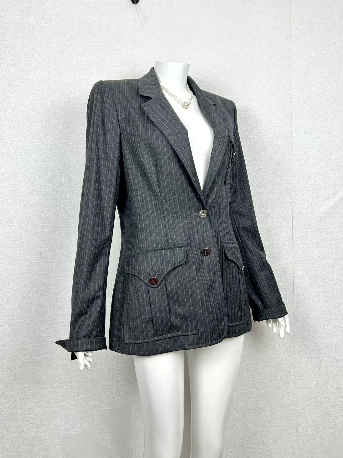 Saint Laurent Paris YSL Gray Pinstripe Wool Blazer Size S / US 4 / IT 40 - 3 Thumbnail