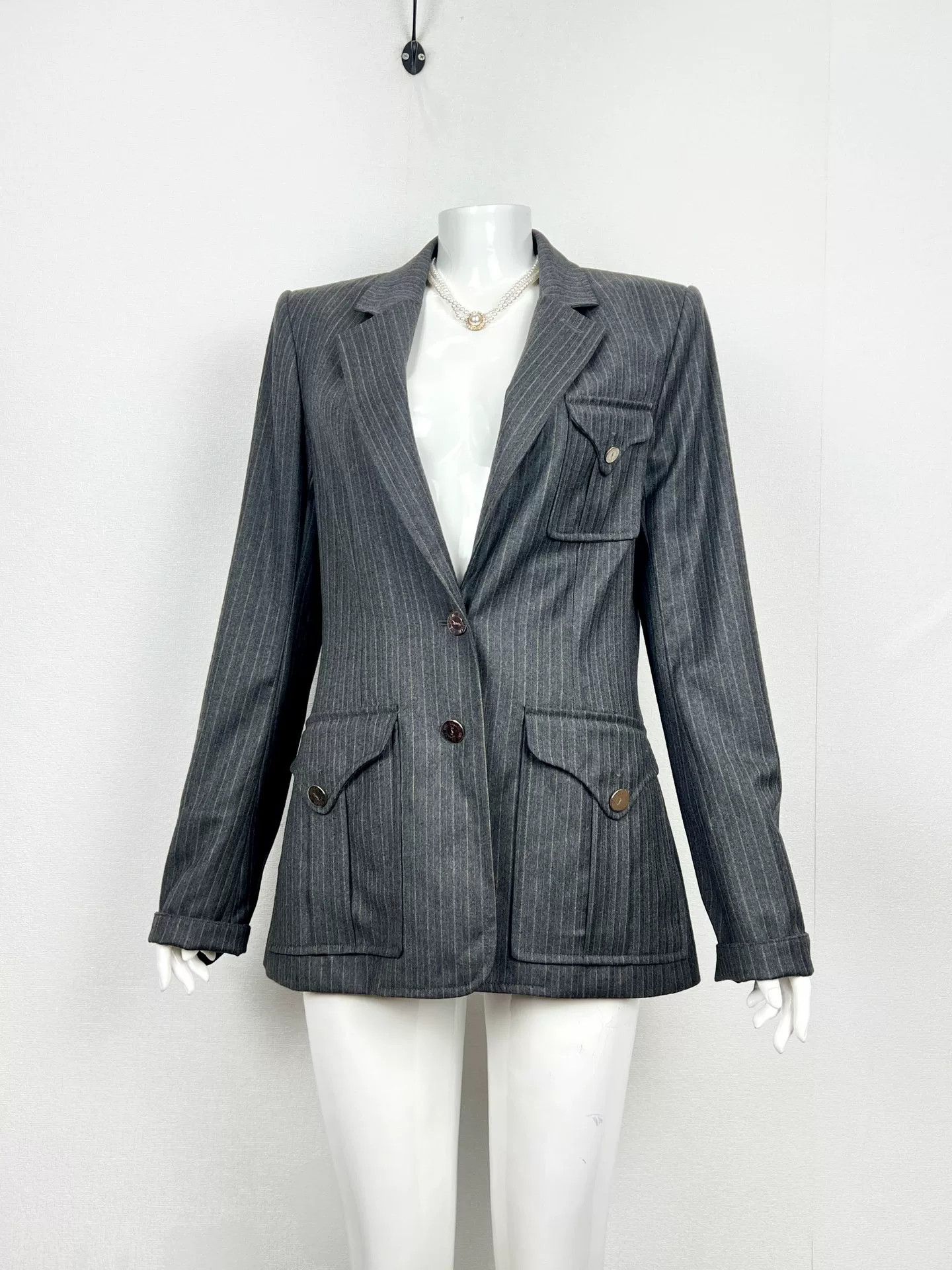 Saint Laurent Paris YSL Gray Pinstripe Wool Blazer Size S / US 4 / IT 40 - 2 Thumbnail