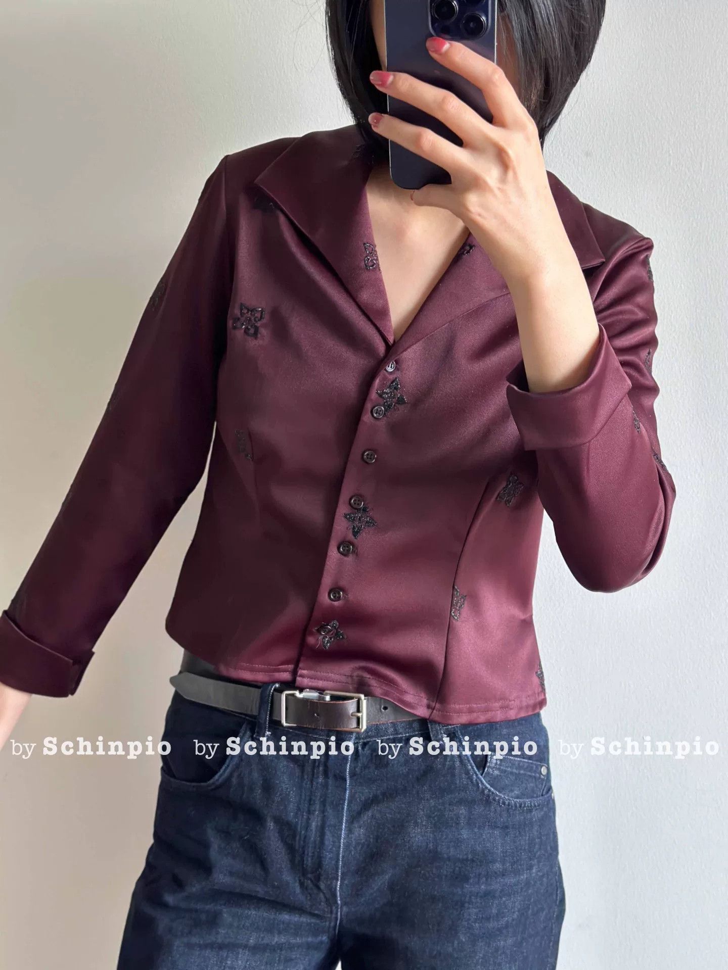 Saint Laurent Paris Yves Saint Laurent Burgundy Embroidered Shirt Jacket Size S / US 4 / IT 40 - 5 Thumbnail