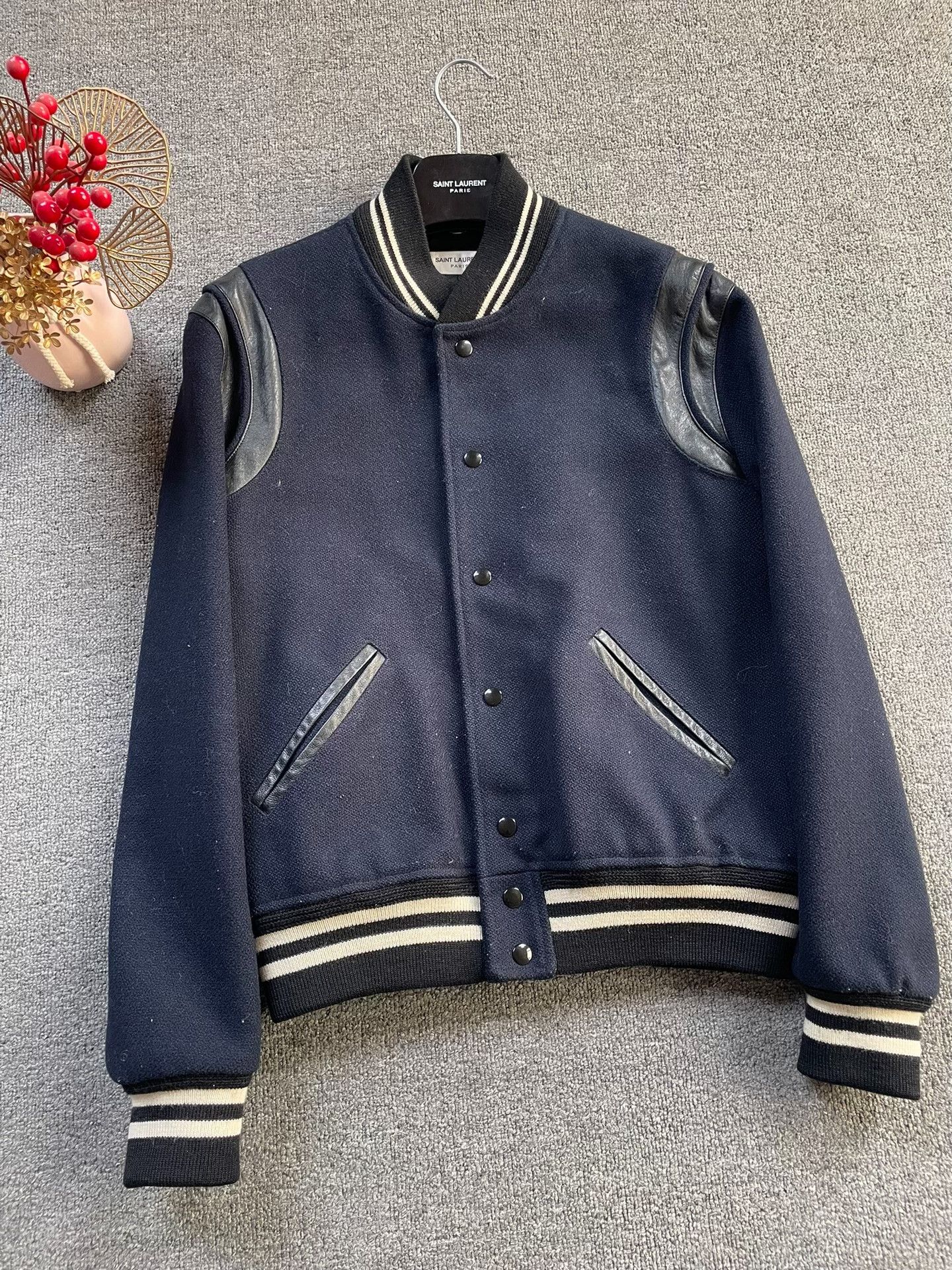 Saint Laurent Paris Saint Laurent Navy Wool Leather Sleeve Jacket Size US M / EU 48-50 / 2 - 3 Thumbnail