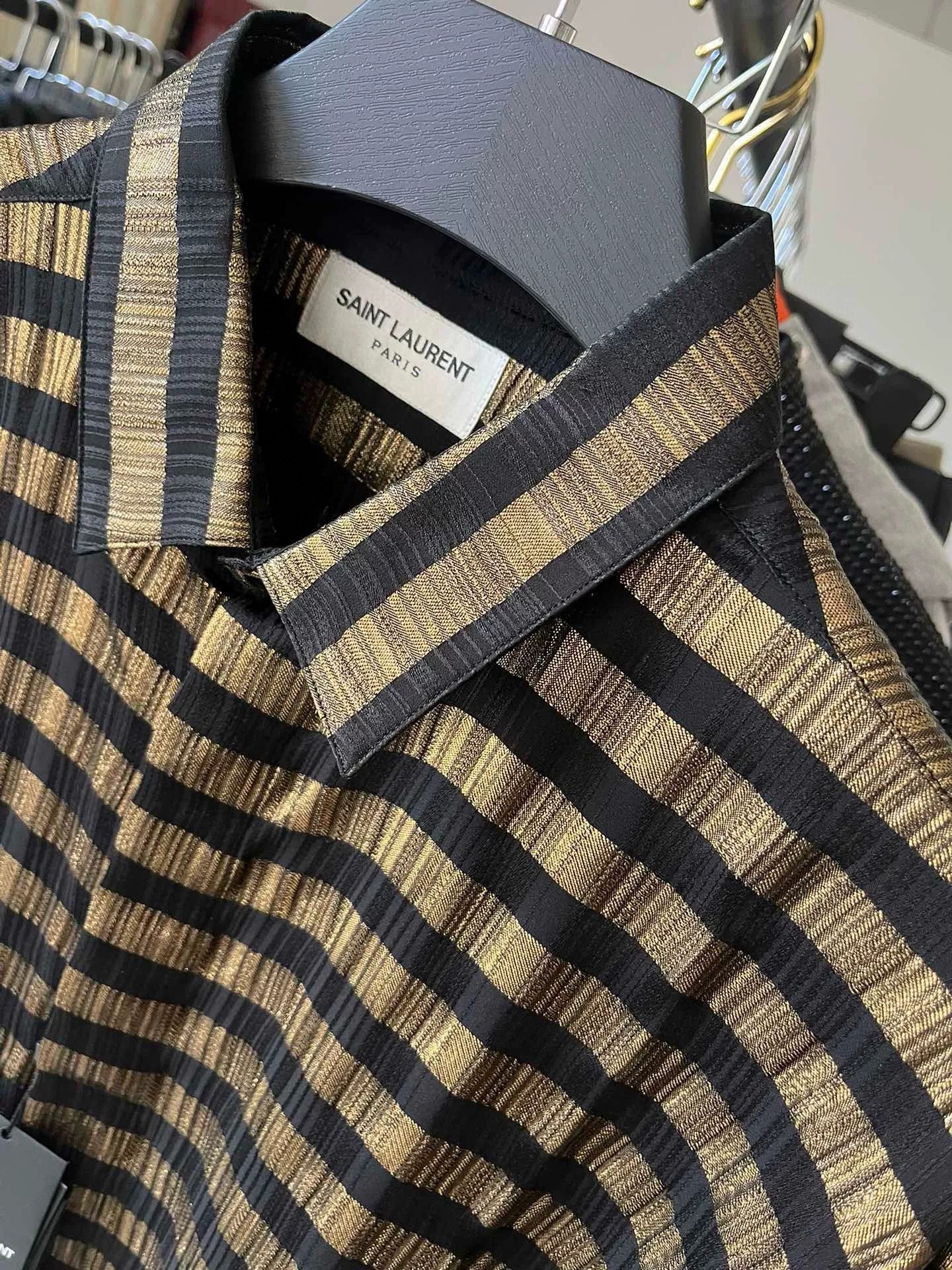 Saint Laurent Paris Saint Laurent Runway Black Gold Striped Silk Shirt Size US XXS / EU 40 - 3 Thumbnail