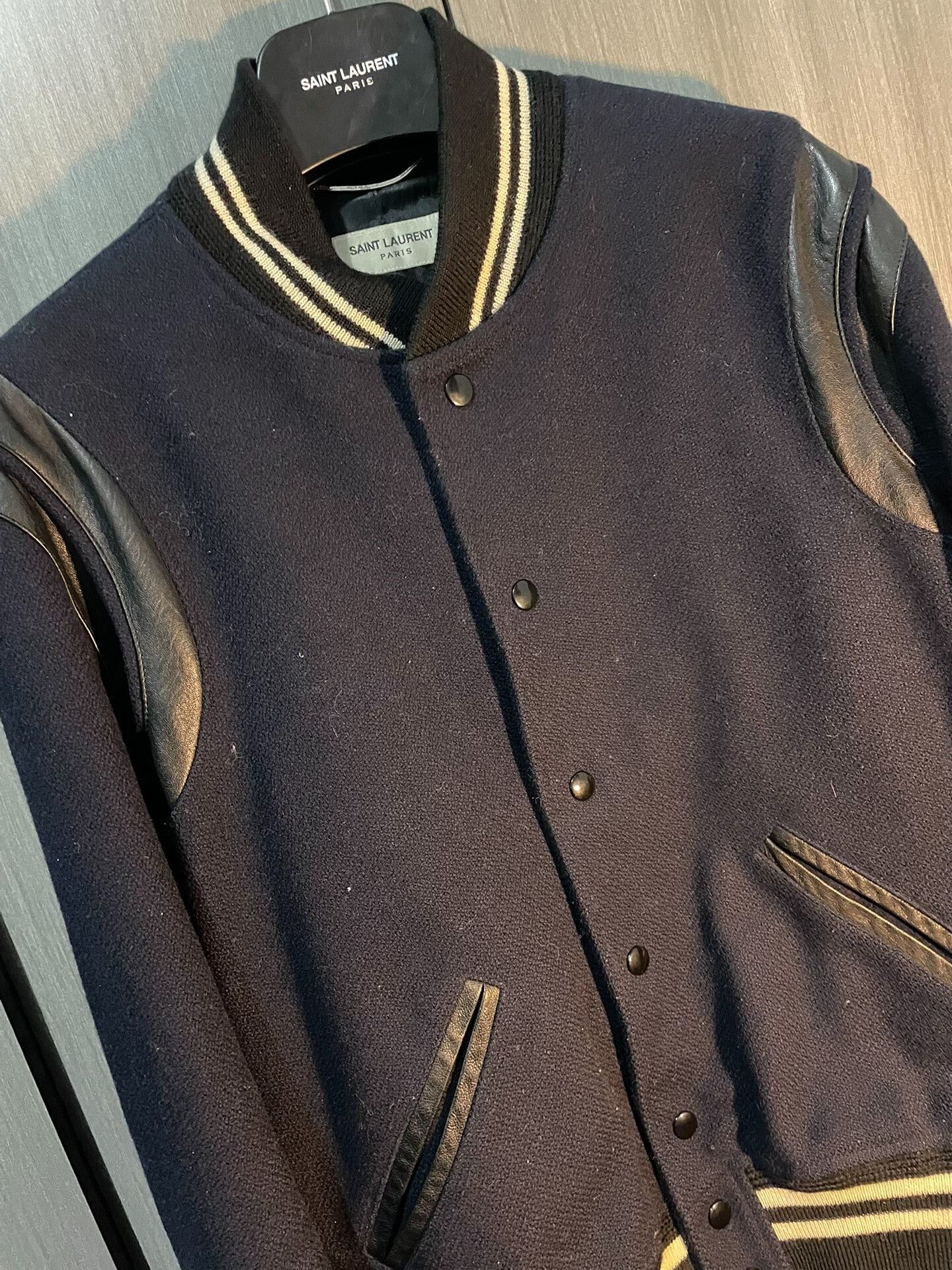 Saint Laurent Paris Saint Laurent Navy Leather Sleeves Varsity Jacket Size US M / EU 48-50 / 2 - 2 Thumbnail