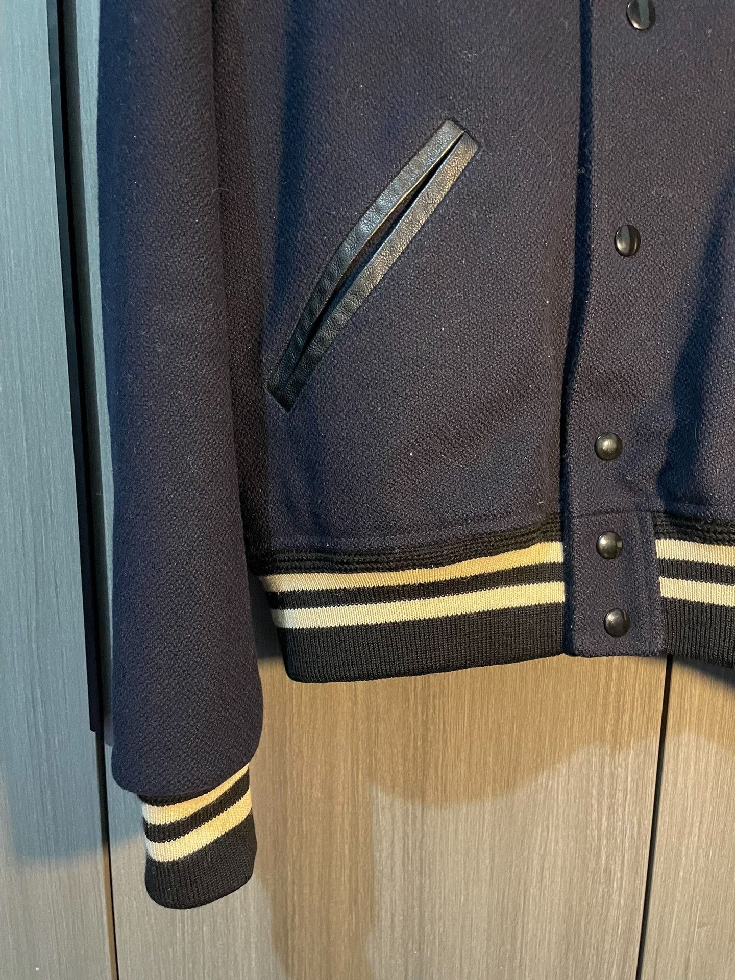 Saint Laurent Paris Saint Laurent Navy Leather Sleeves Varsity Jacket Size US M / EU 48-50 / 2 - 4 Thumbnail