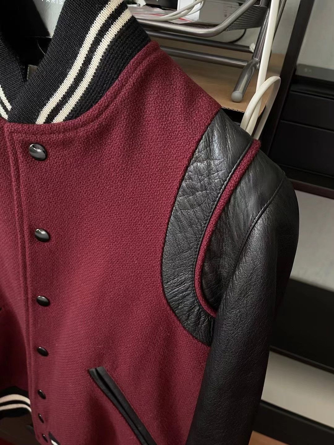 Saint Laurent Paris Saint Laurent Maroon Leather Sleeve Varsity Jacket Size US M / EU 48-50 / 2 - 2 Thumbnail
