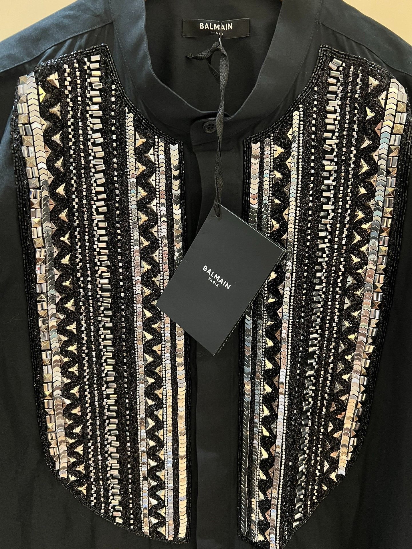 Saint Laurent Paris Balmain Black Silver Sequin Cotton Shirt Size US XXS / EU 40 - 2 Thumbnail