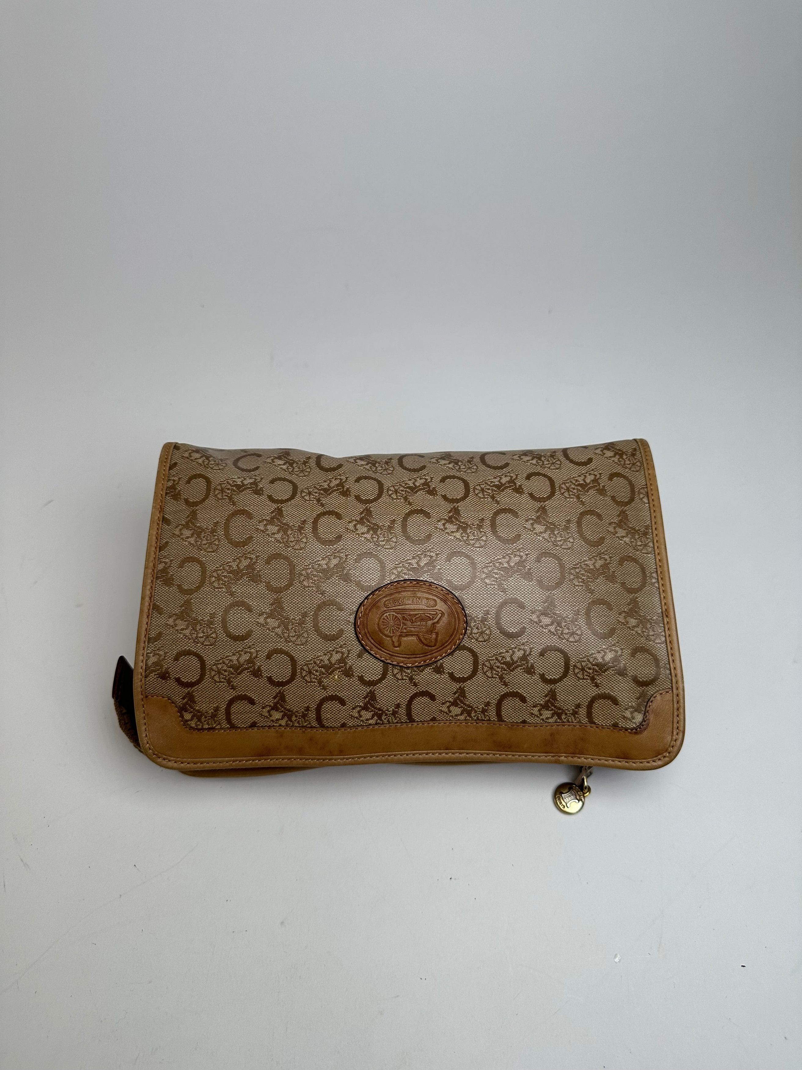 Celine Vintage Paris Triomphe Cariage Logo Leather Clutch Beige Bro Size ONE SIZE - 7 Thumbnail