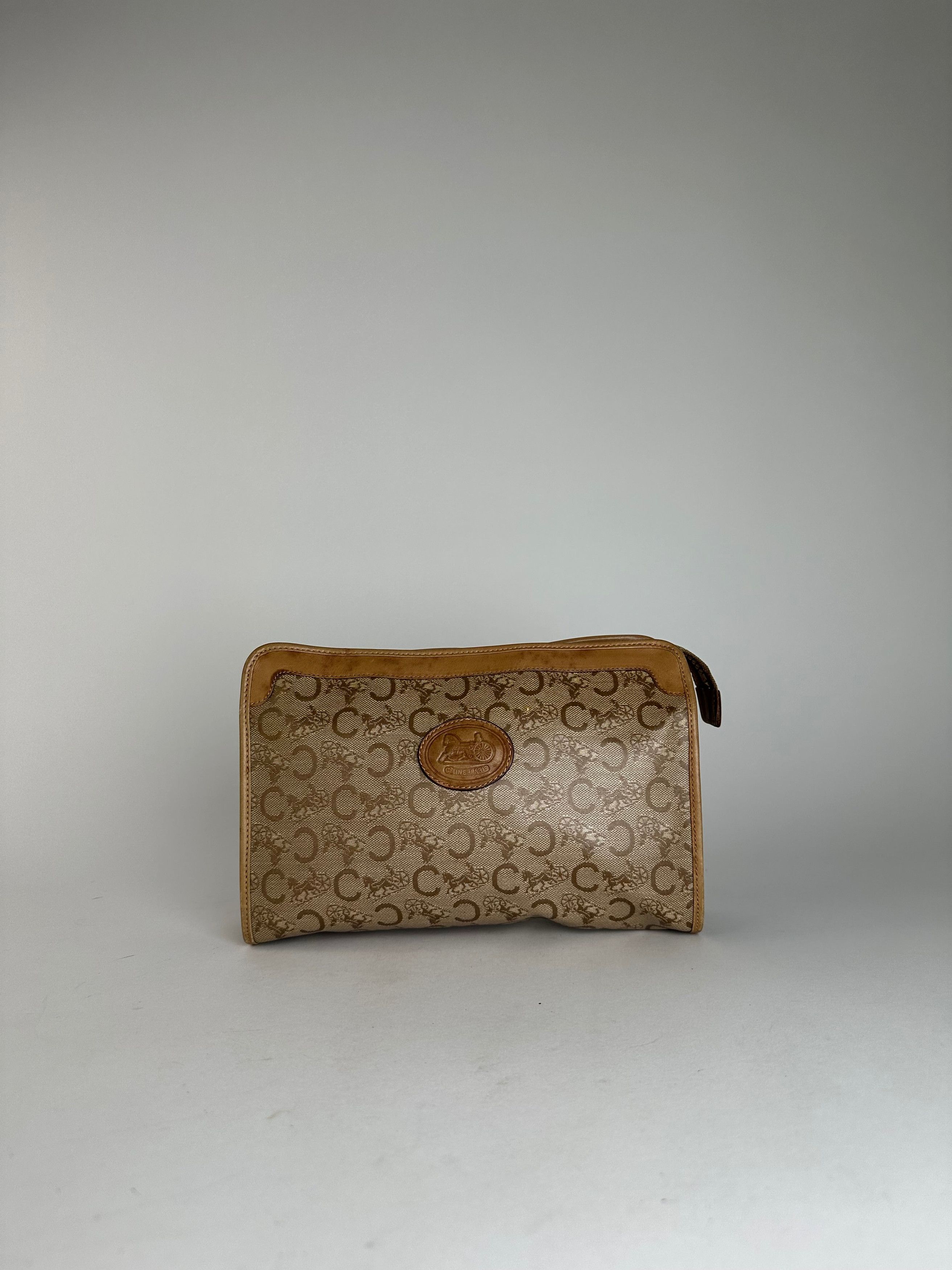 Celine Vintage Paris Triomphe Cariage Logo Leather Clutch Beige Bro Size ONE SIZE - 11 Thumbnail