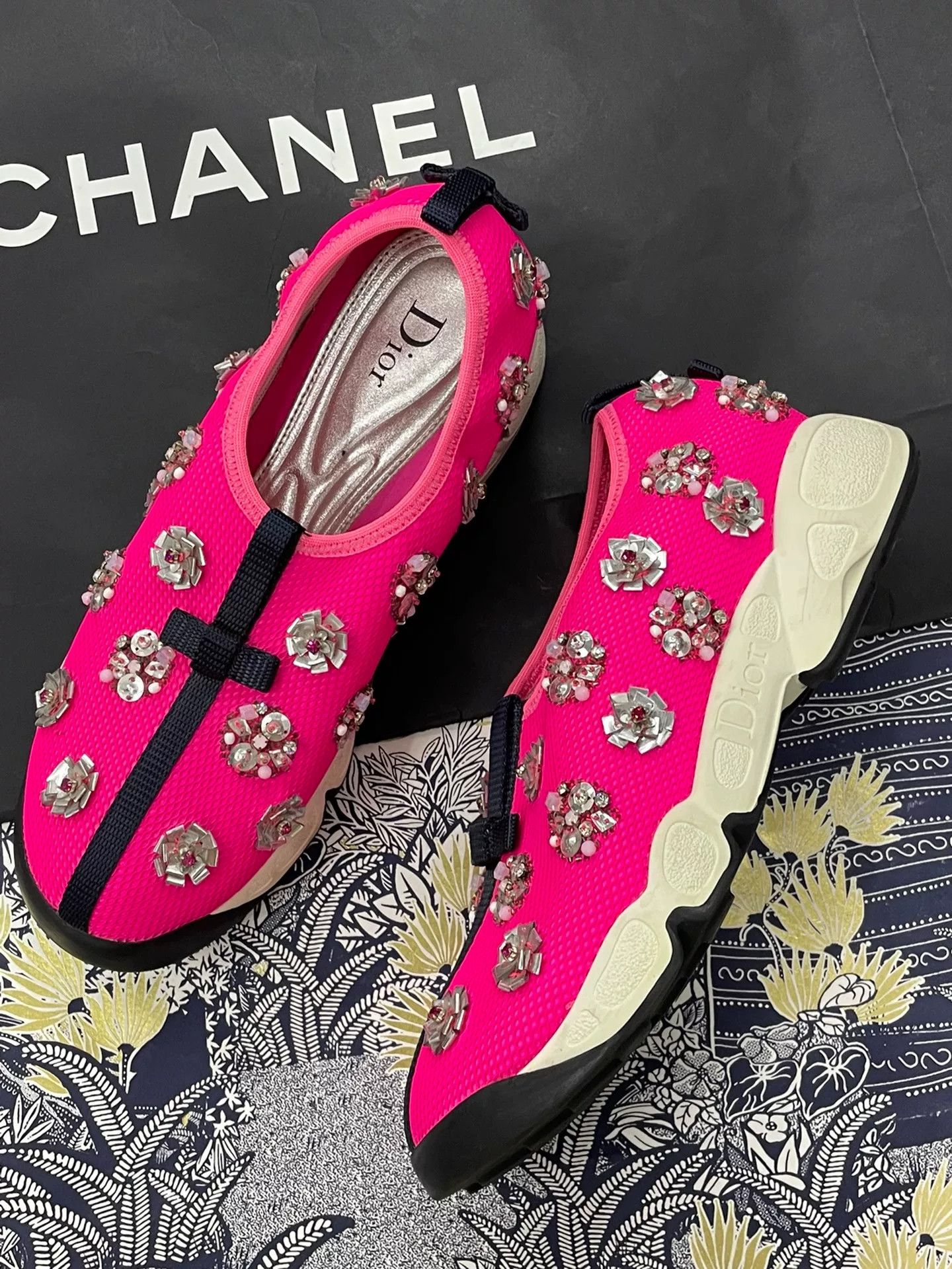 Dior Dior Pink Black Floral Beaded Sneakers Size US 6 / IT 36 - 3 Thumbnail