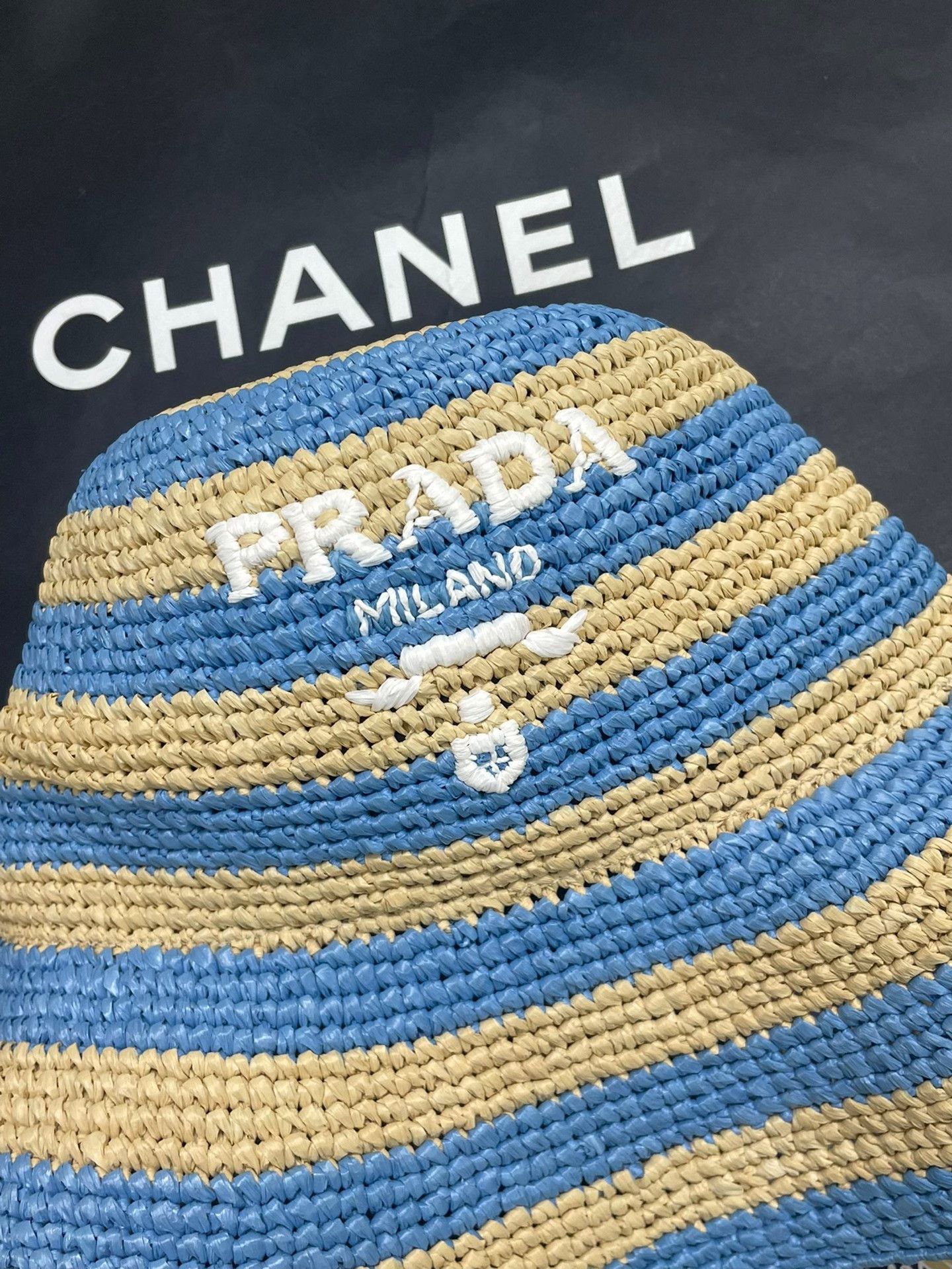 Prada Prada Blue Striped Straw Bucket Hat Size ONE SIZE - 2 Thumbnail