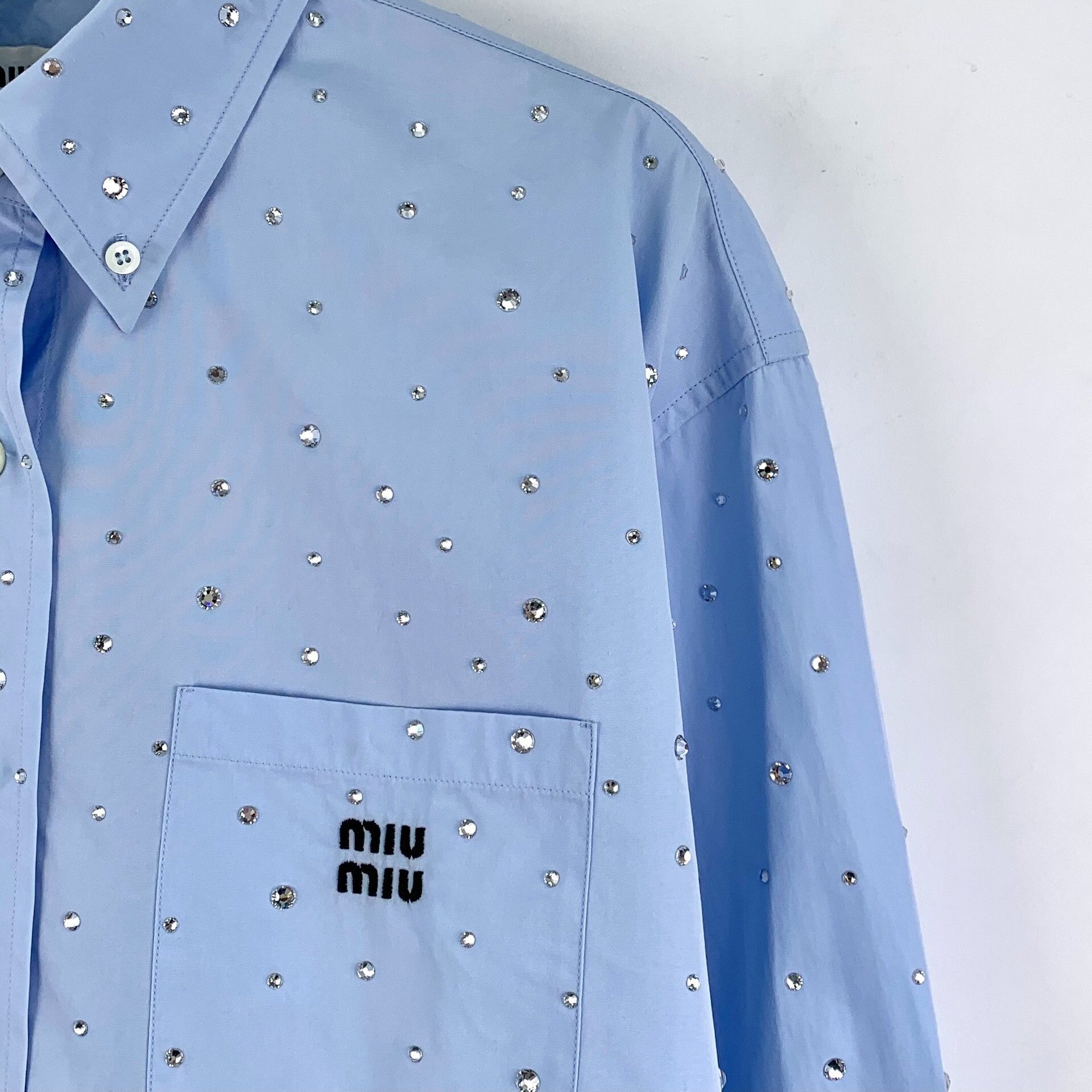 Miu Miu Miu Miu Blue Logo Crystal Cotton Shirt Size XS / US 0-2 / IT 36-38 - 3 Thumbnail