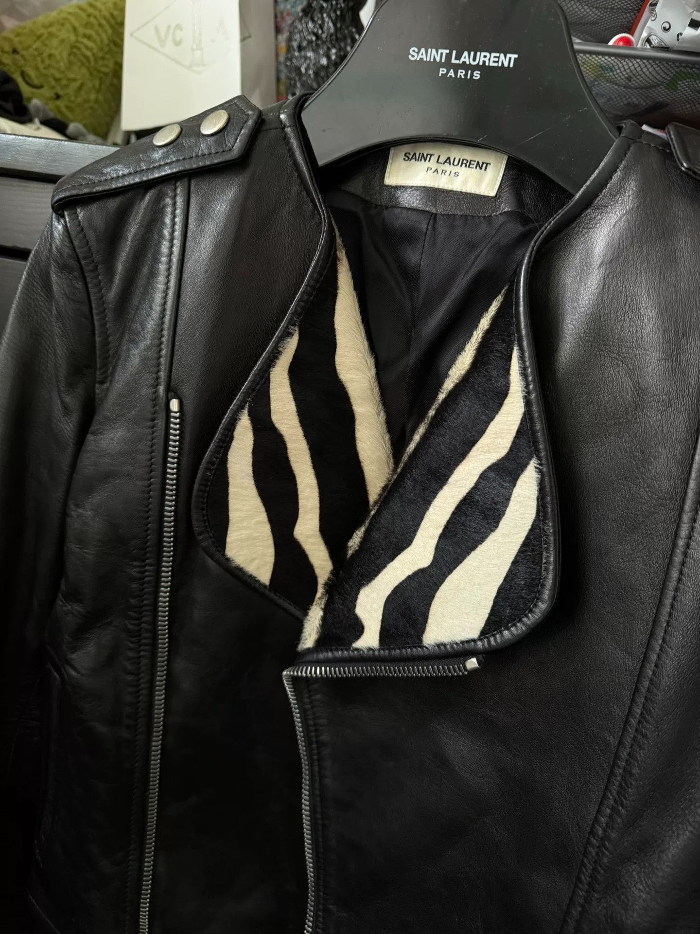 Saint Laurent Paris Saint Laurent Black Leather Jacket Zebra Collar Size US M / EU 48-50 / 2 - 2 Thumbnail