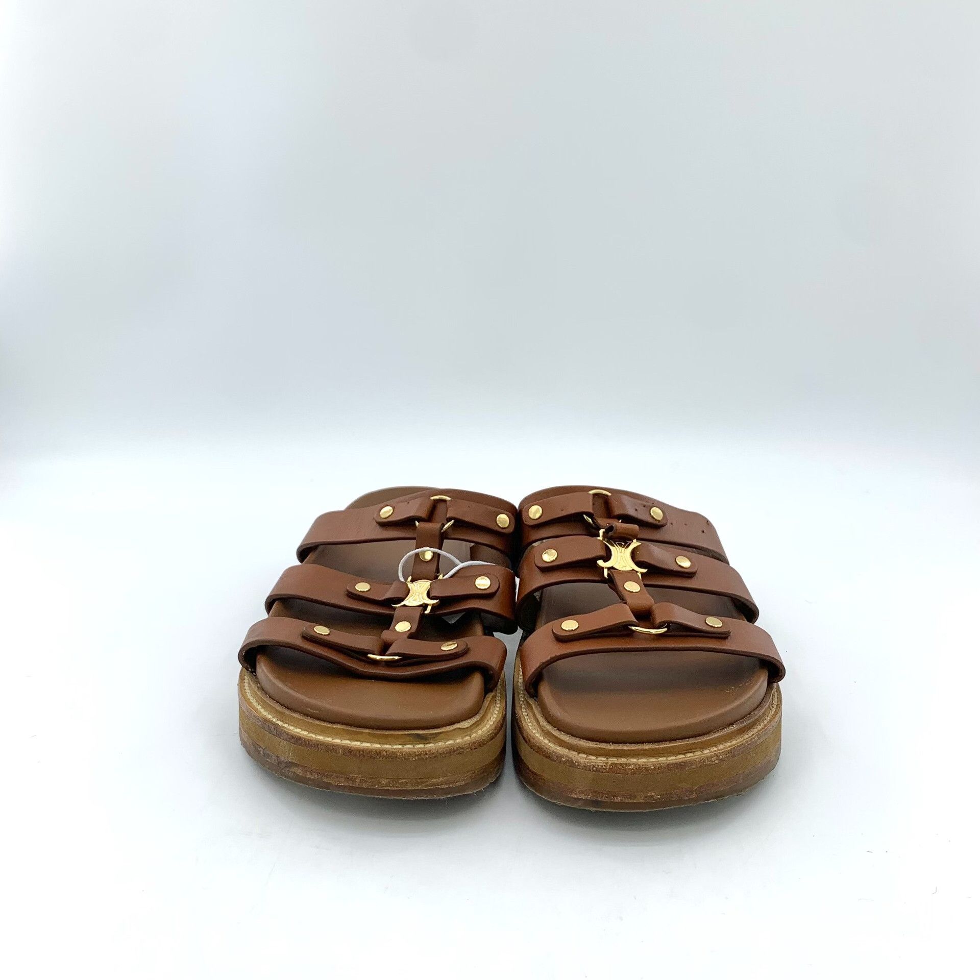 Celine Celine Brown Leather Triomphe Buckle Flat Sandals Size US 8 / IT 38 - 3 Thumbnail