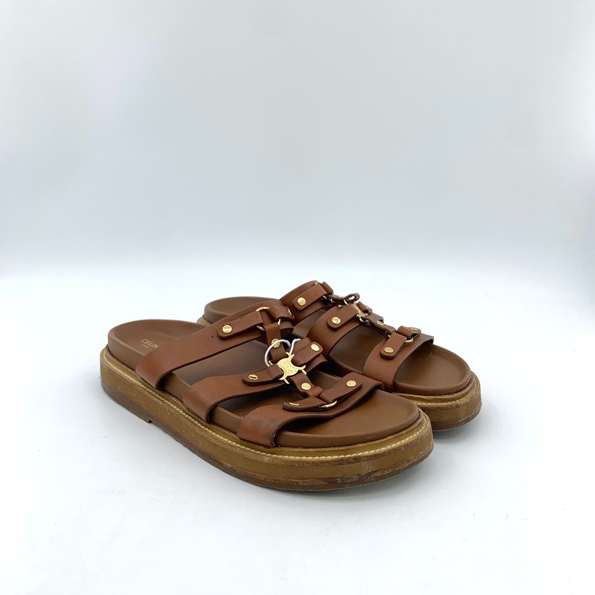 Celine Celine Brown Leather Triomphe Buckle Flat Sandals Size US 8 / IT 38 - 2 Thumbnail
