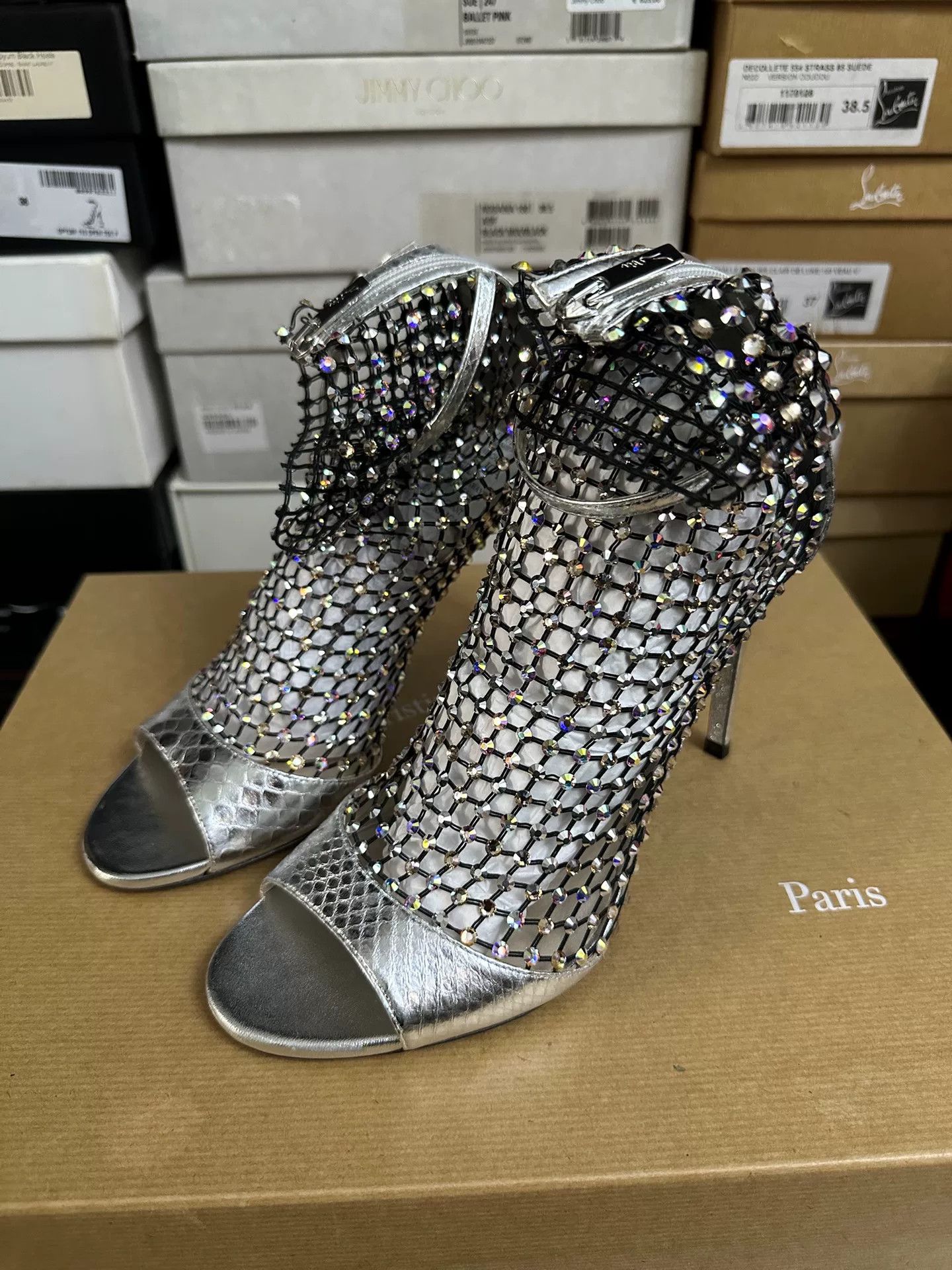 Rene Caovilla Rene Caovilla Silver Crystal Mesh Heels Size US 7 / IT 37 - 2 Thumbnail