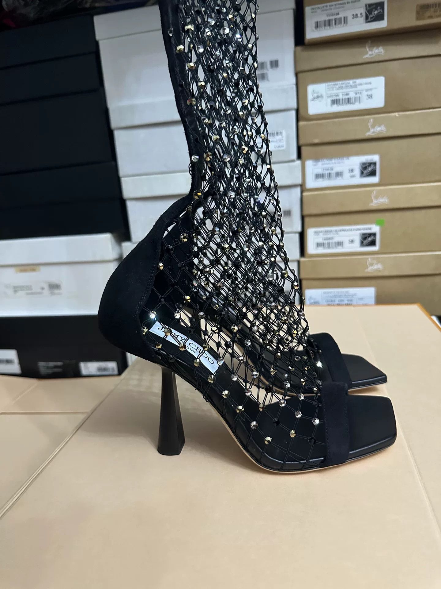 Jimmy Choo Jimmy Choo Black Crystal Mesh Boots Size US 7 / IT 37 - 5 Thumbnail