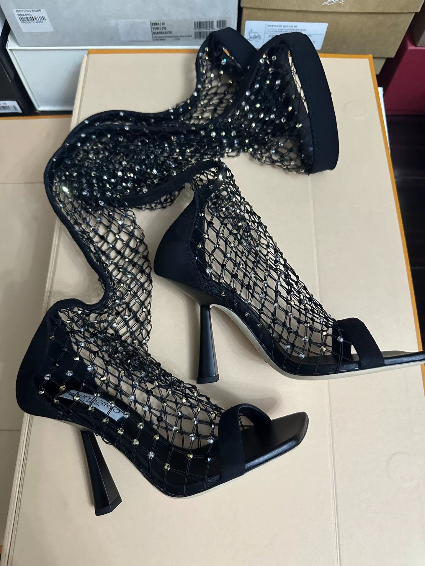 Jimmy Choo Jimmy Choo Black Crystal Mesh Boots Size US 7 / IT 37 - 6 Thumbnail