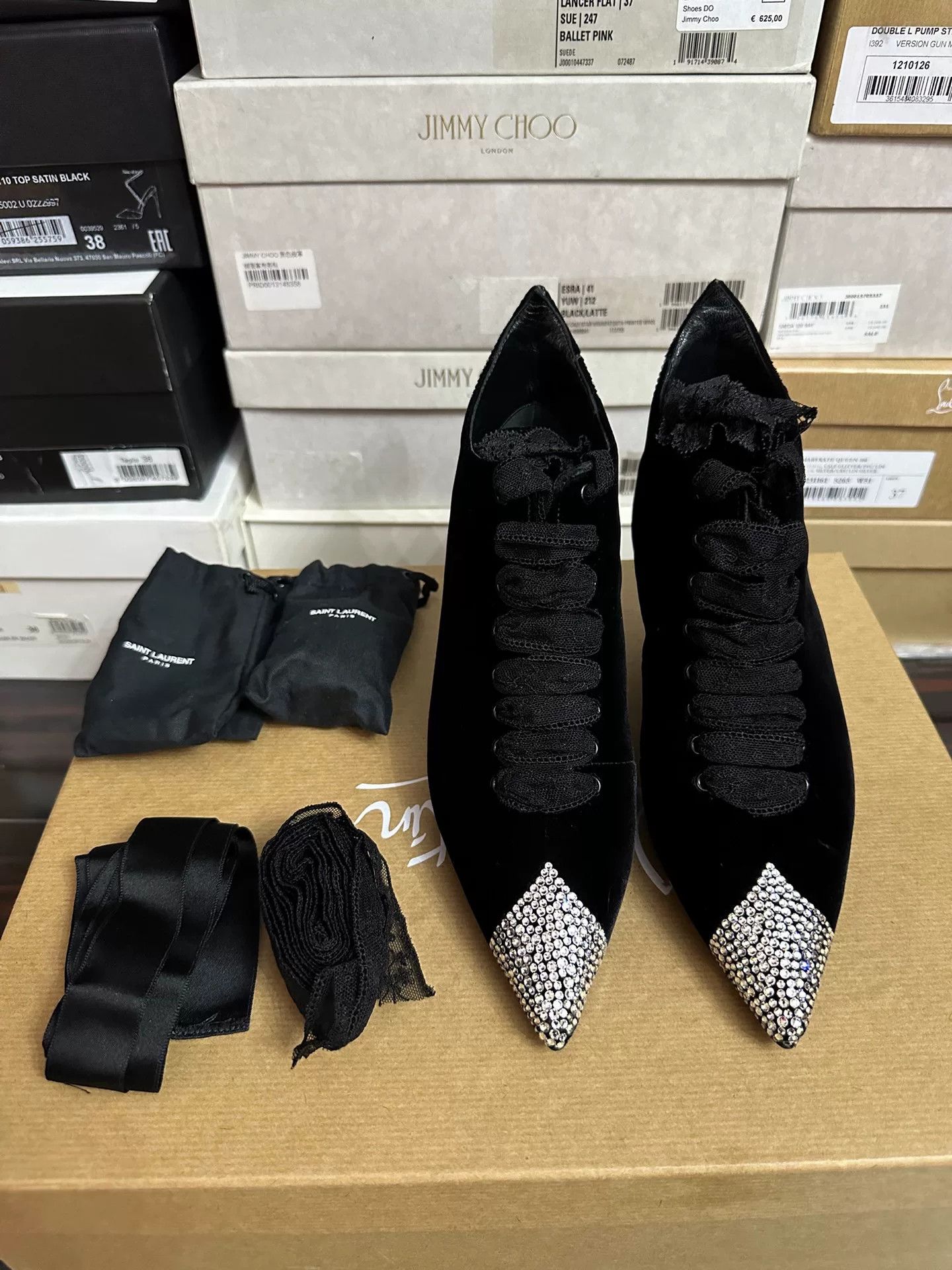 Saint Laurent Paris Saint Laurent YSL 2018 Runway Lace Ribbon Heels Size US 5 / IT 35 - 6 Thumbnail